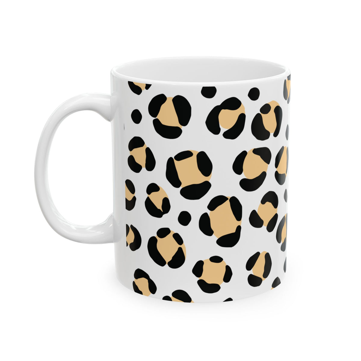 A white ceramic mug with a black and tan leopard print pattern, shown on a plain white background.