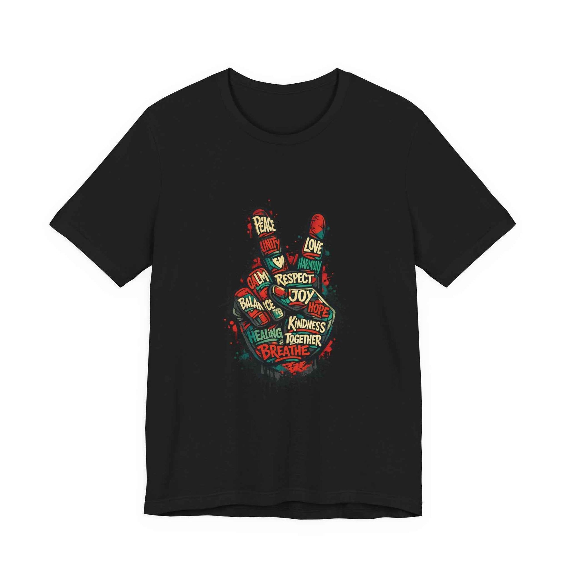 Black Adult Peace Sign t-shirt on hanger, front view
