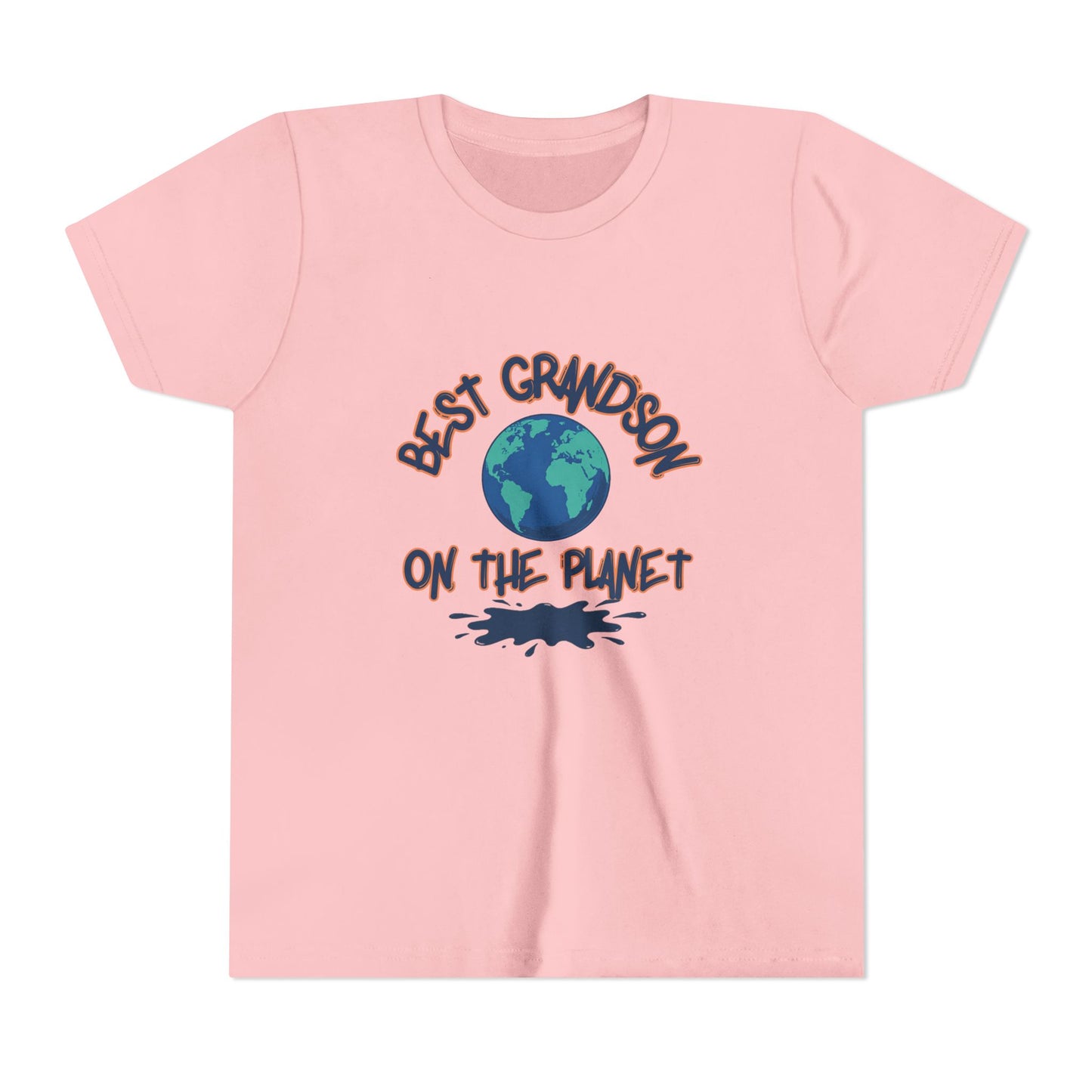 Pink t-shirt with 'Best Grandson on the Planet' text and globe graphic on a white background