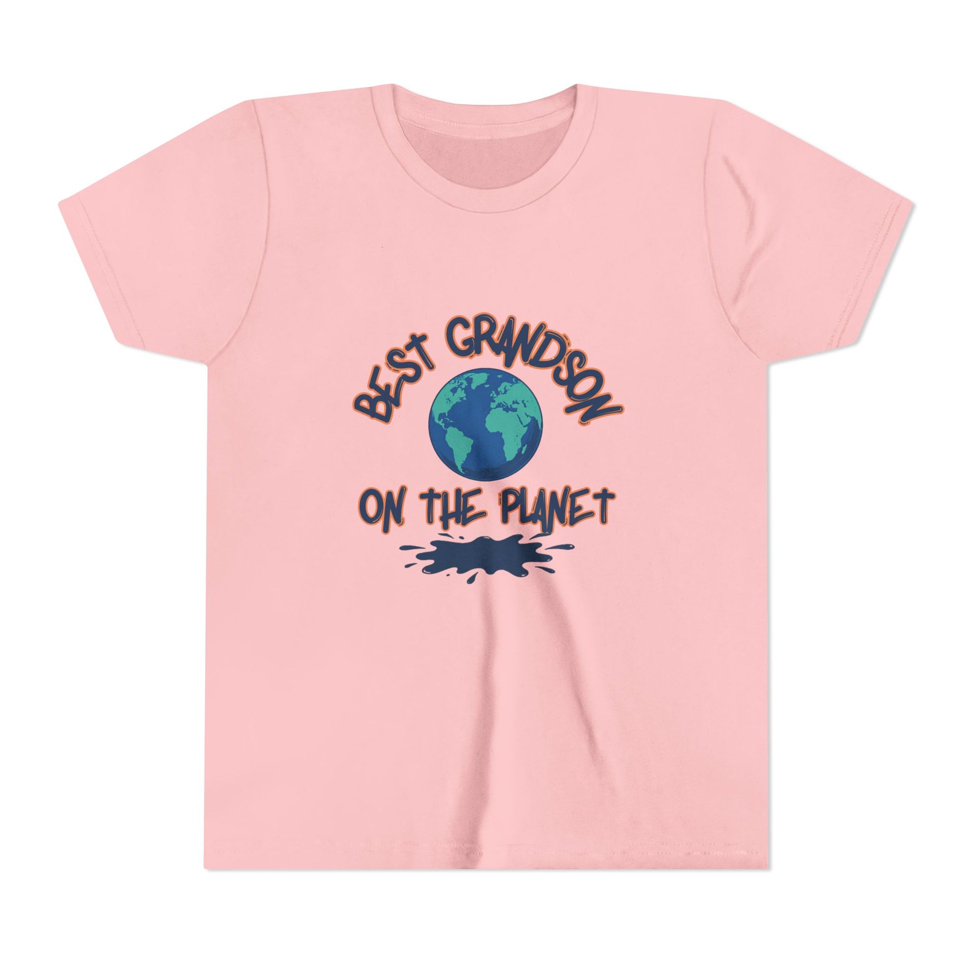 Pink t-shirt with 'Best Grandson on the Planet' text and globe graphic on a white background