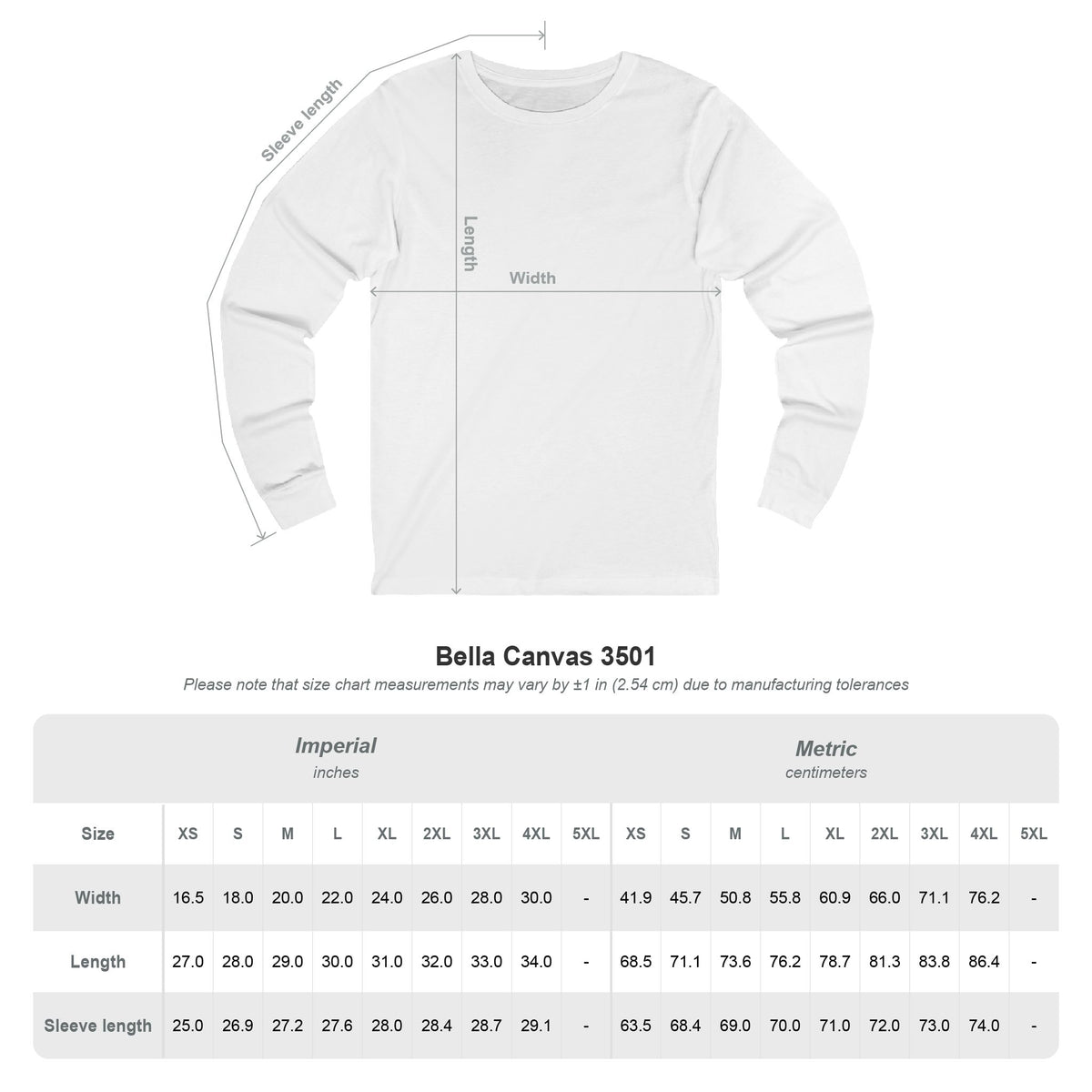 Bella Canvas unisex long-sleeve t-shirt size chart with body and garment measurements