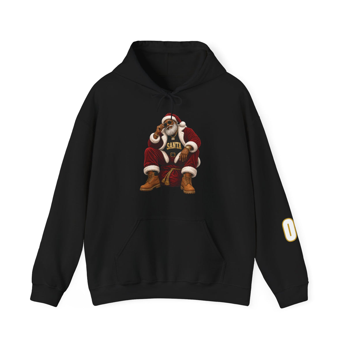  Black pullover hoodie featuring a seated Santa graphic with OG Santa lettering.