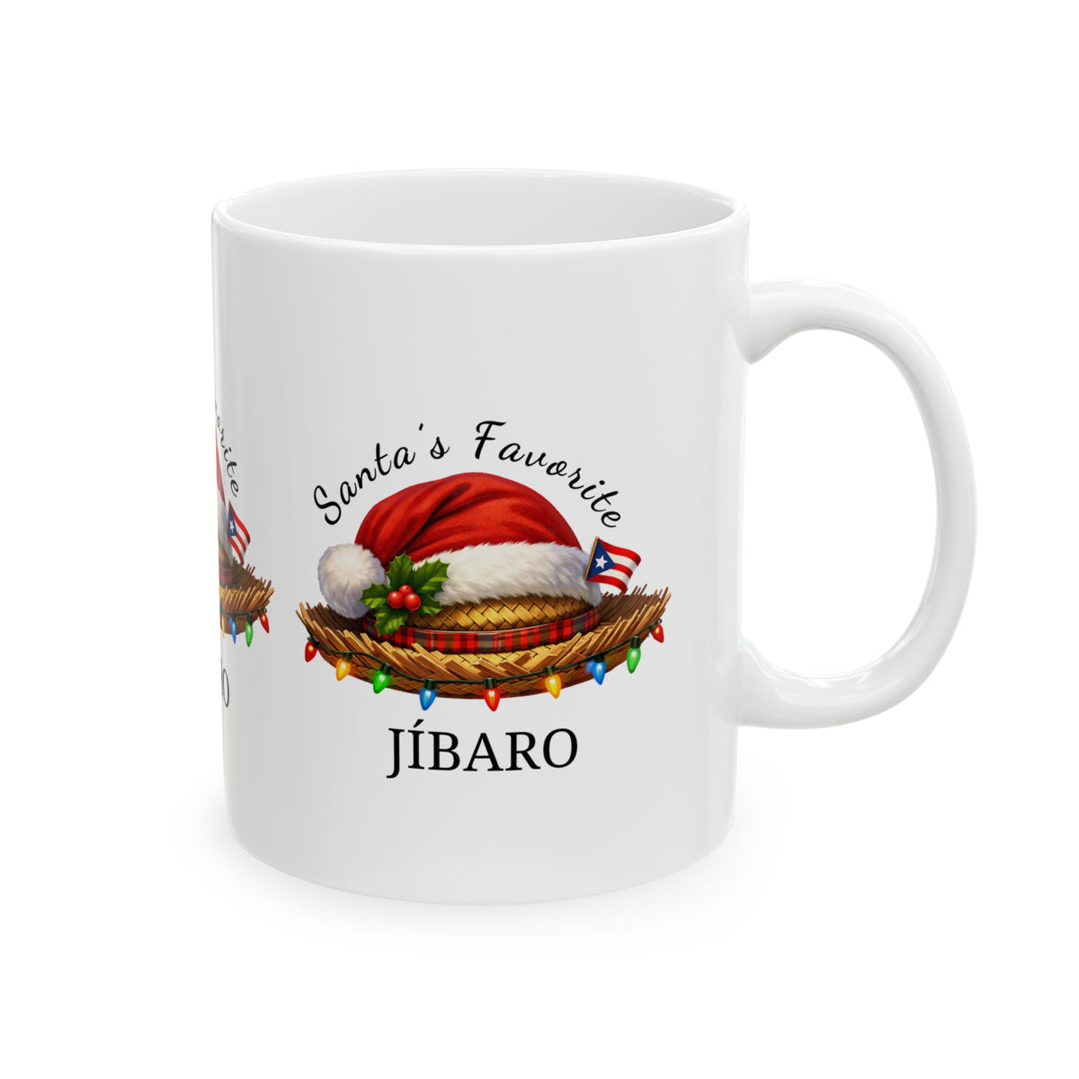 White Santa’s Favorite Jíbaro Christmas mug shown with the printed design facing forward and handle on the right.
