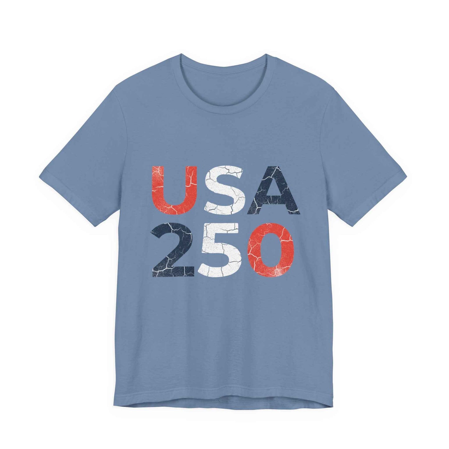 USA 250 Distressed Graphic Tee in Steel Blue – flat lay product mockup of patriotic America 250th anniversary distressed graphic tee

