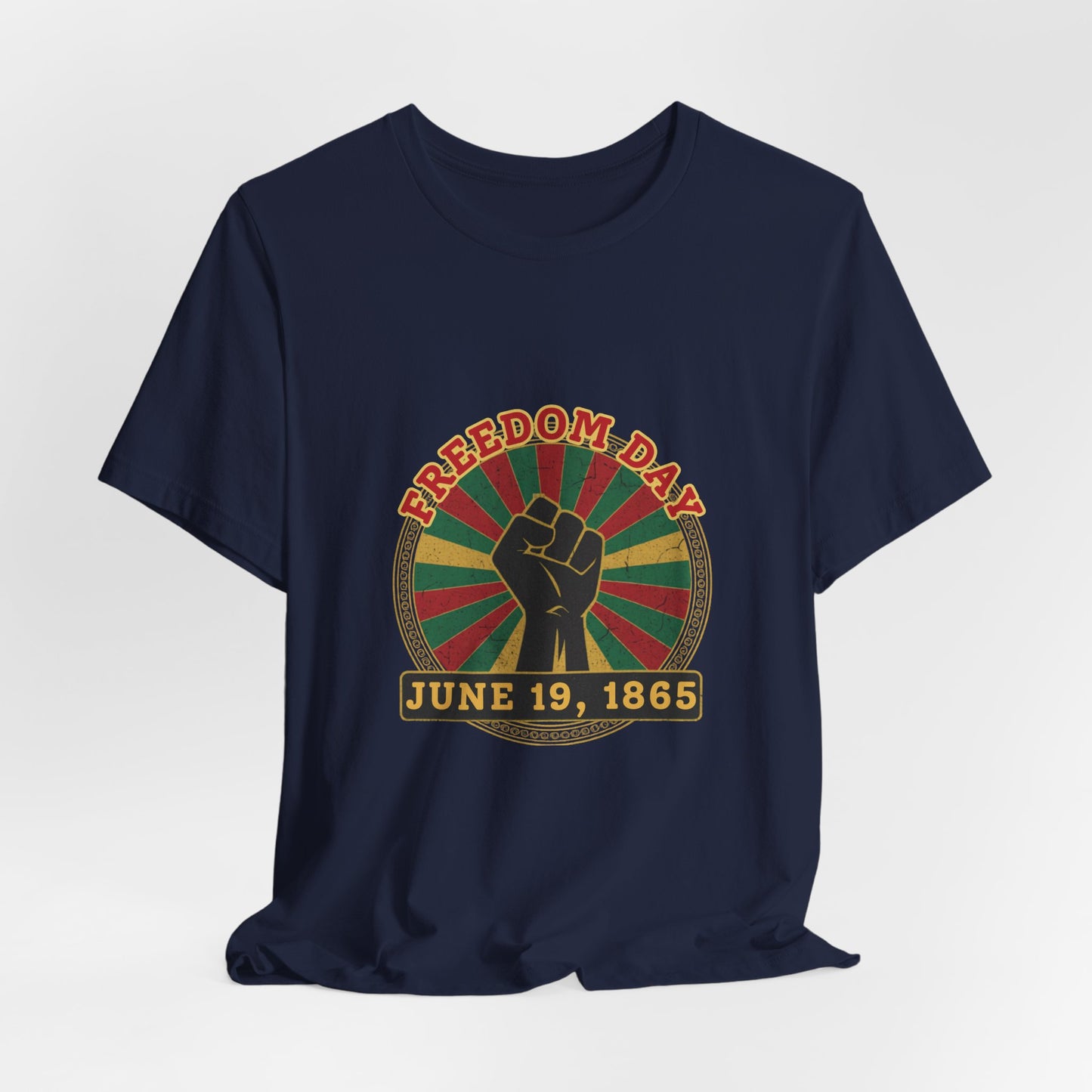Navy blue t-shirt with red graphic design on a white background