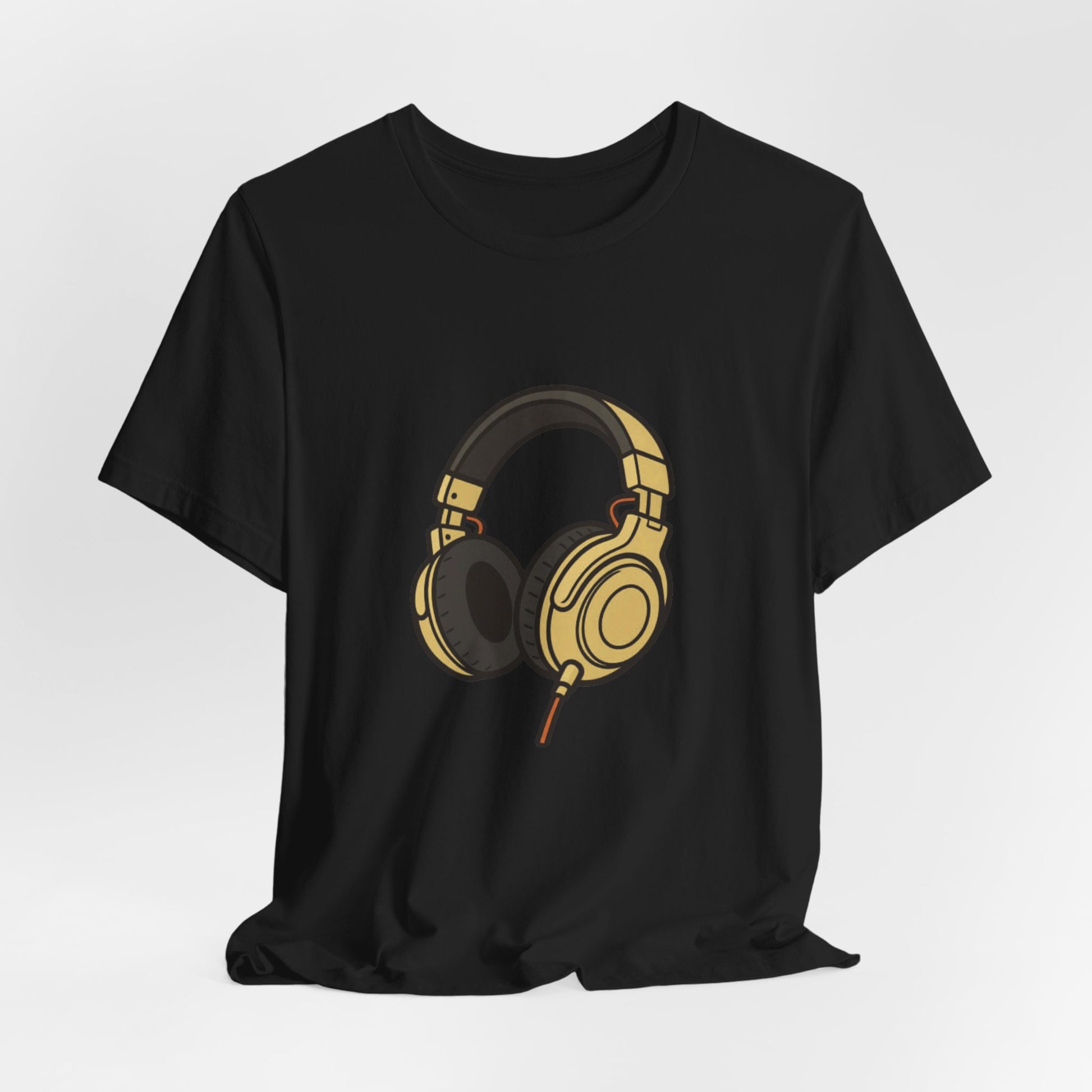  Adult Unisex Headphones Graphic T-Shirt flat lay in Black, gold headphones graphic detail

