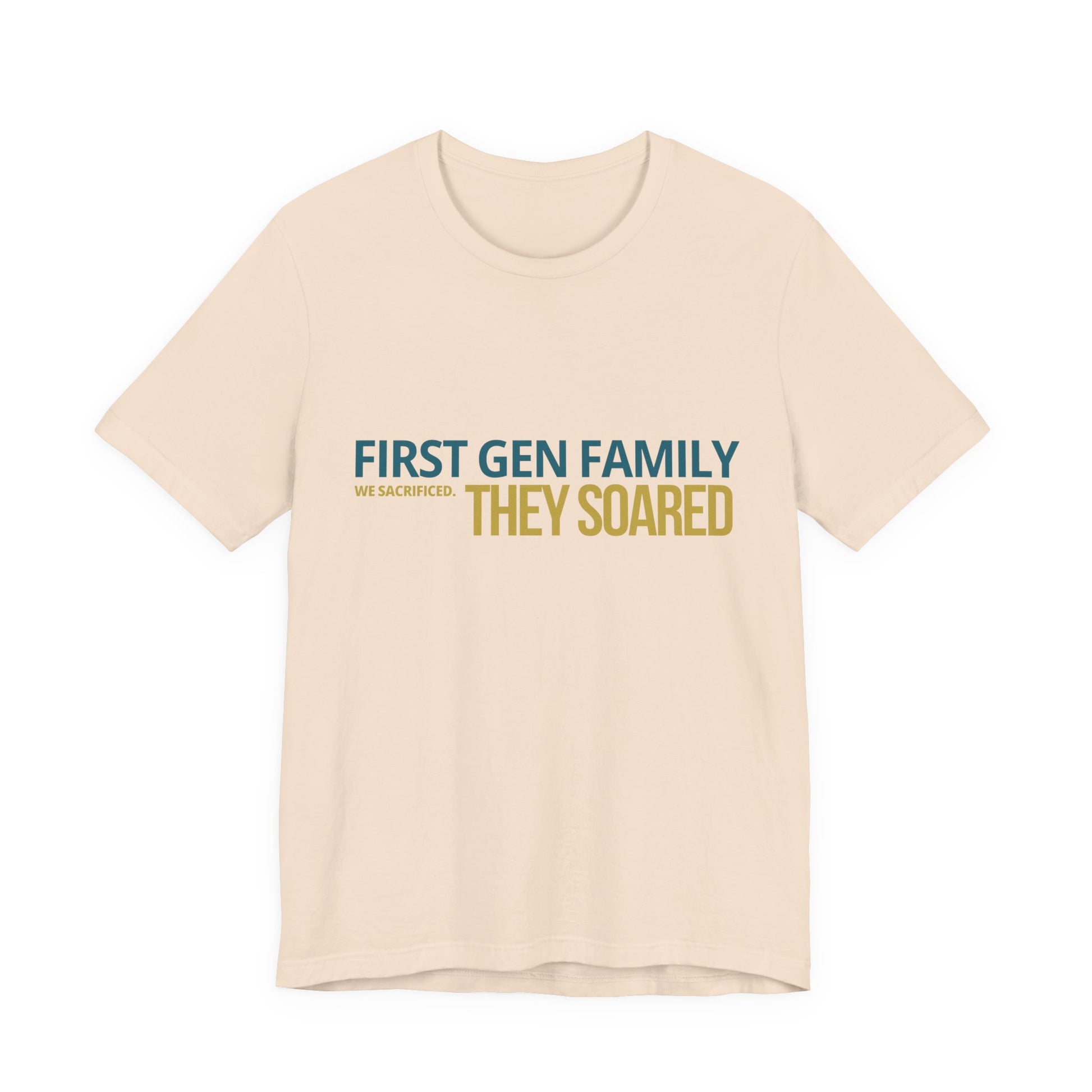 First Gen Family They Soared tee in soft cream — teal and gold graphic — matching family graduation streetwear tee