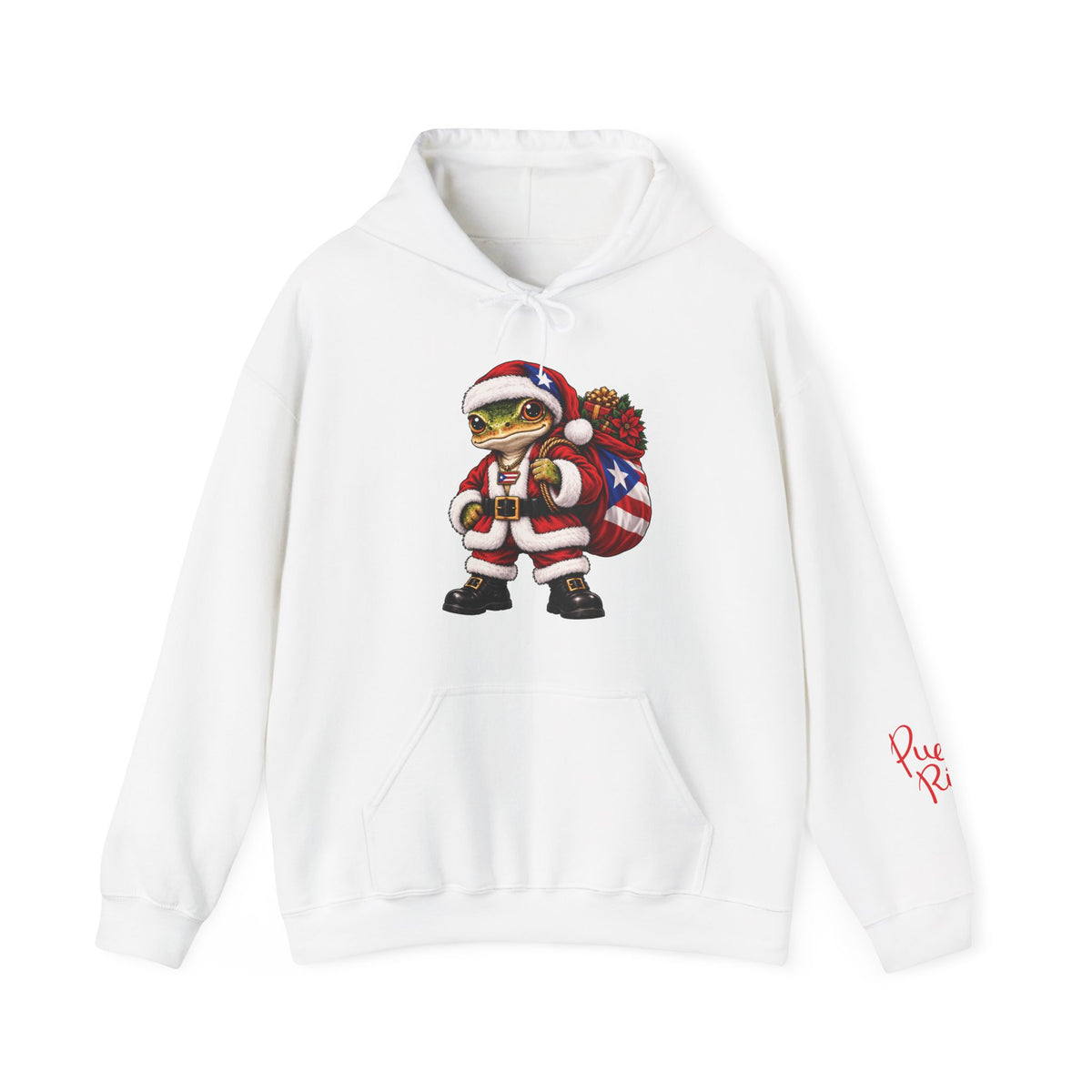 White Puerto Rican coquí Santa hoodie shown from the front with the festive graphic.