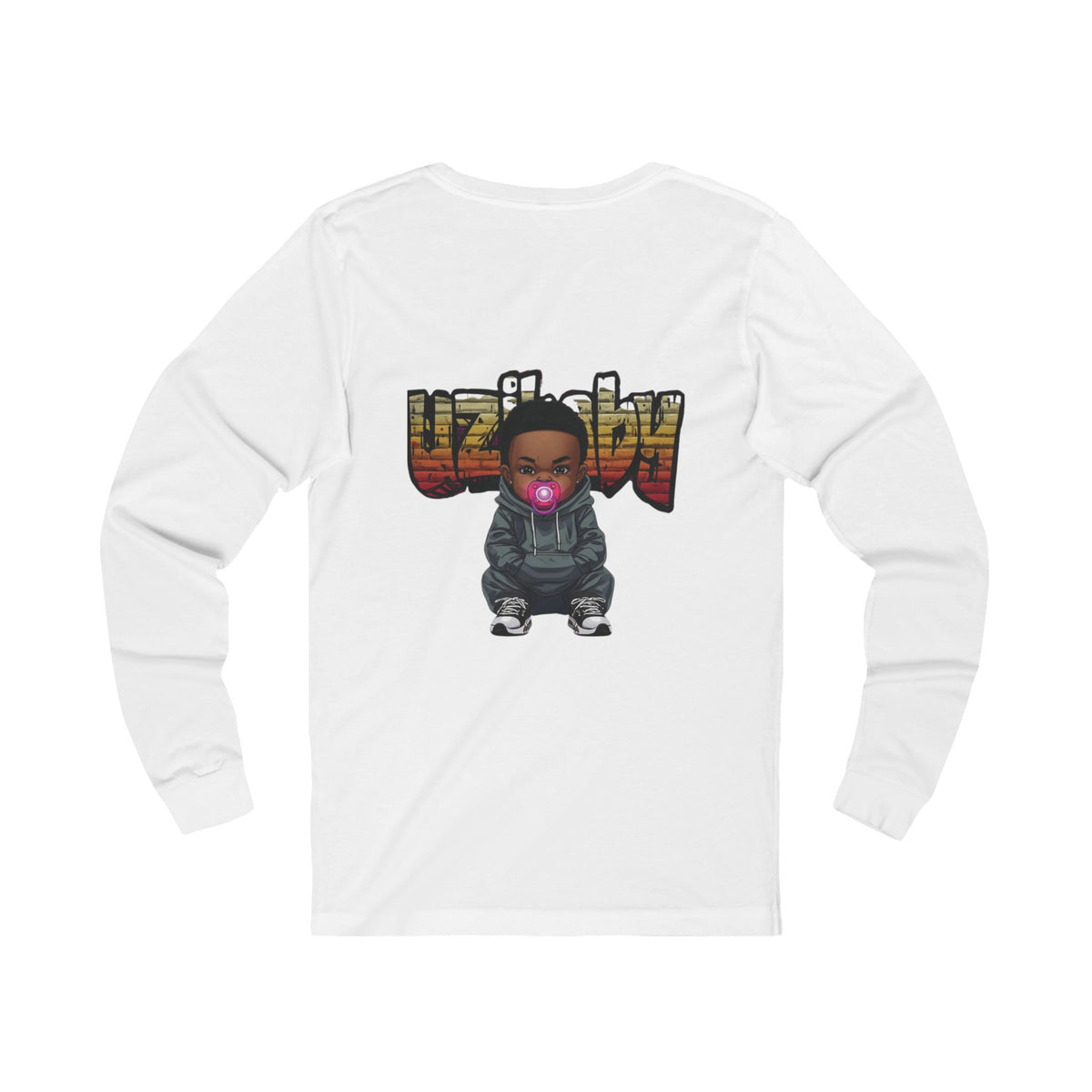 Back view of a white Uzi Baby long-sleeve t-shirt with the Uzi Baby character and UZIBABY logo print