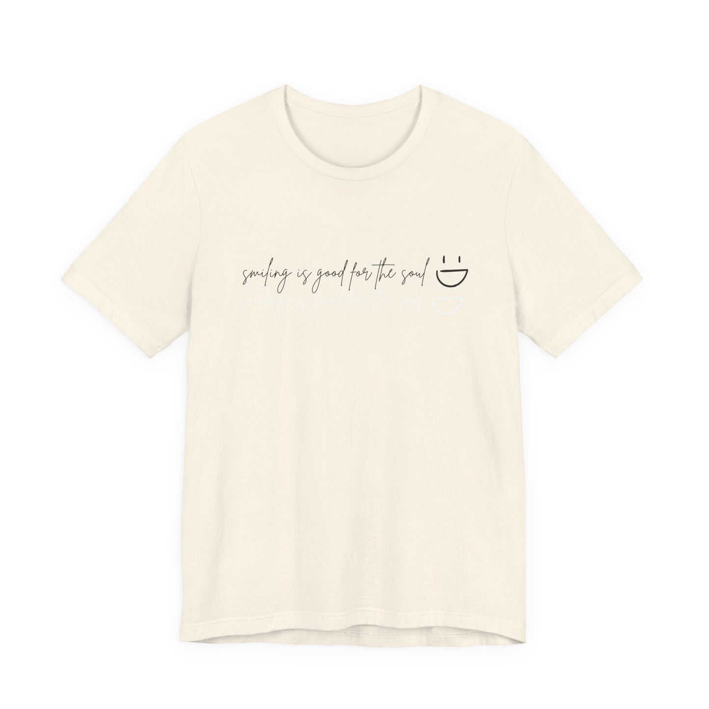 Flat lay Natural/Tan Natural Smiling Is Good for the Soul feel-good women's tee flat lay – Leela's Ink Bella+Canvas 3001 minimalist script graphic

