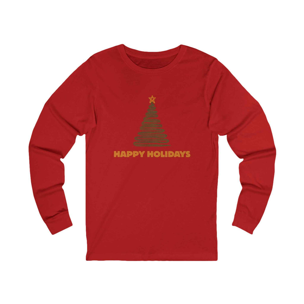 Red long-sleeve shirt with a minimal Christmas tree and “Happy Holidays” design, front view.