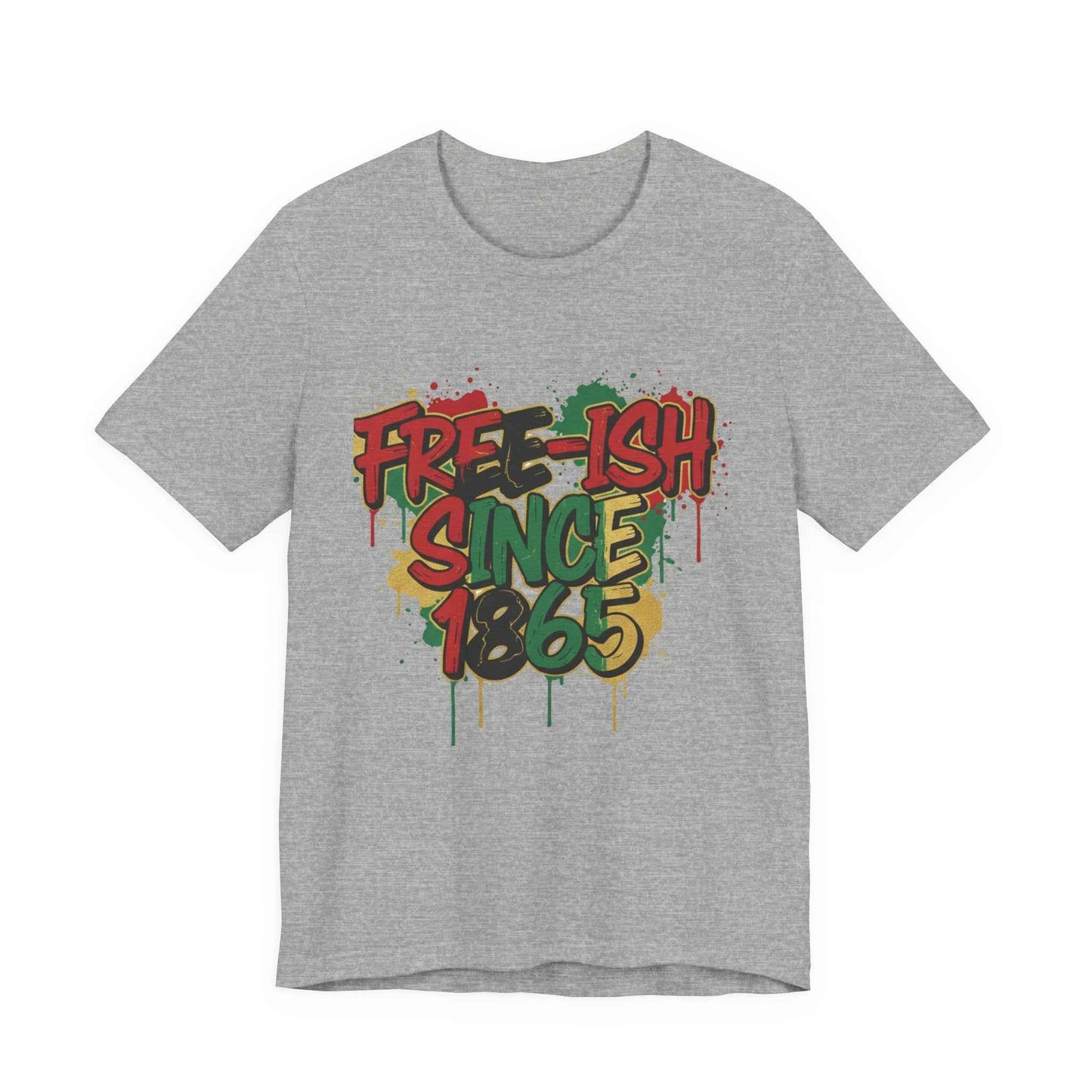 Free-ish Since 1865 Juneteenth Graphic Tee in Athletic Heather – flat lay product mockup with bold graffiti Pan-African design

