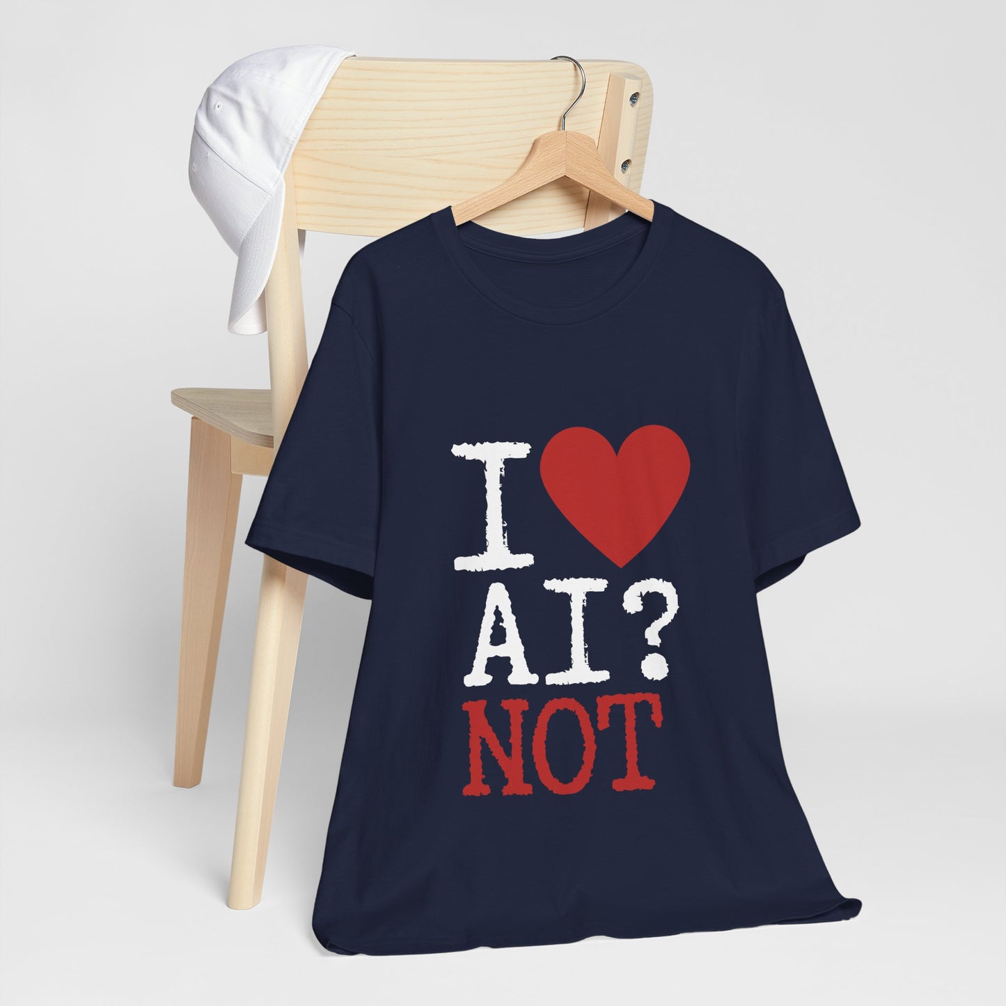Navy t-shirt with graphic design and text on a white background