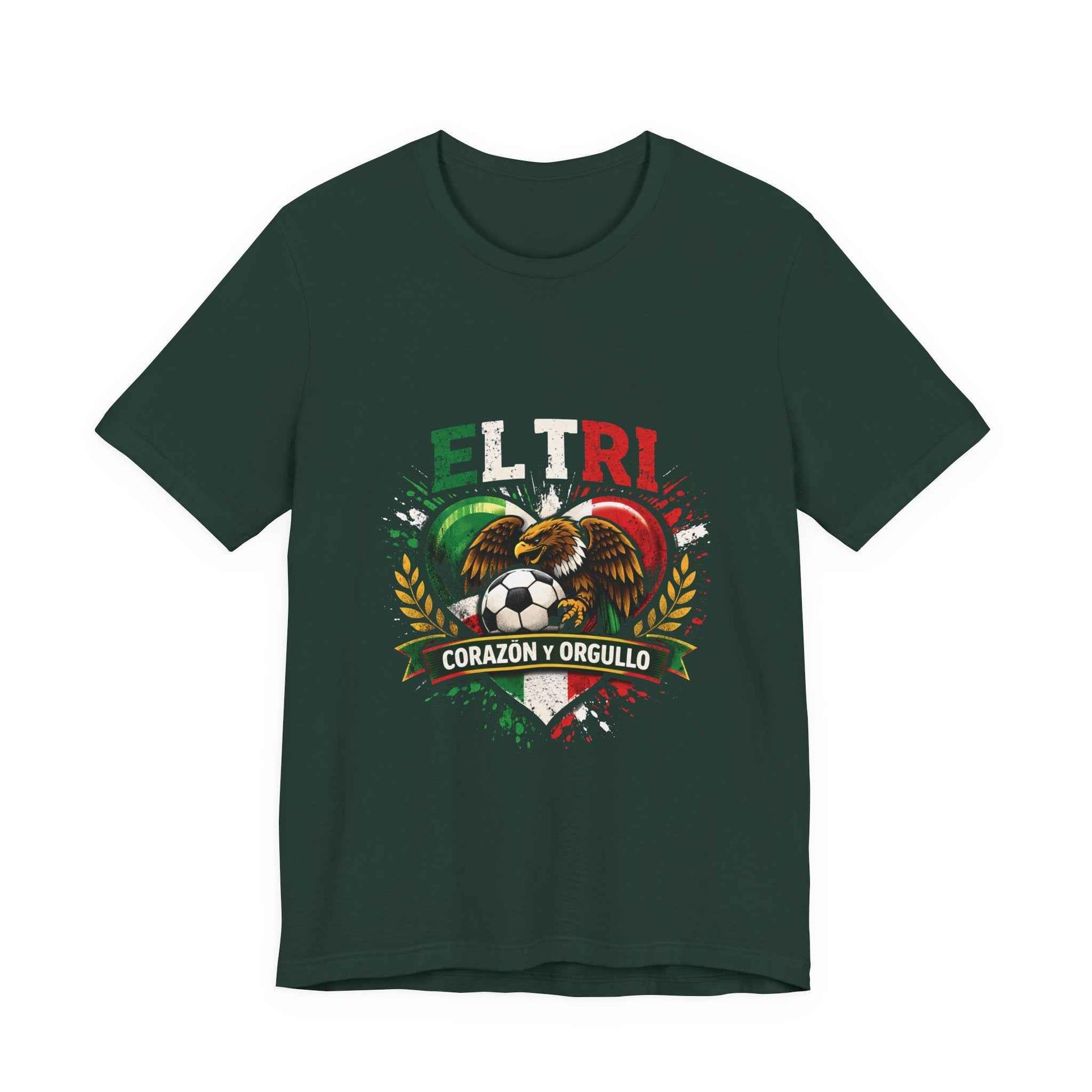Dark forest green El Tri Corazón y Orgullo tee flat lay, front view

