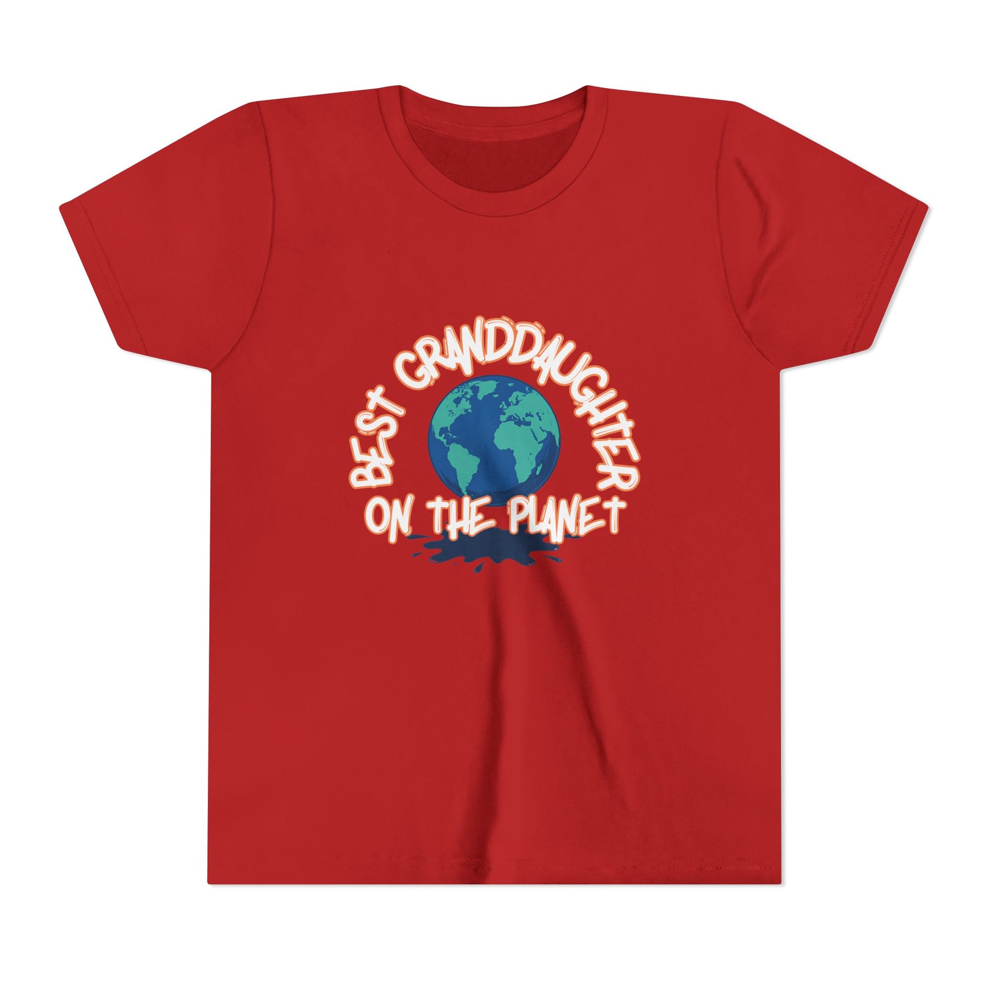 Red t-shirt with 'Best Granddaughter on the Planet' text and Earth graphic on a white background