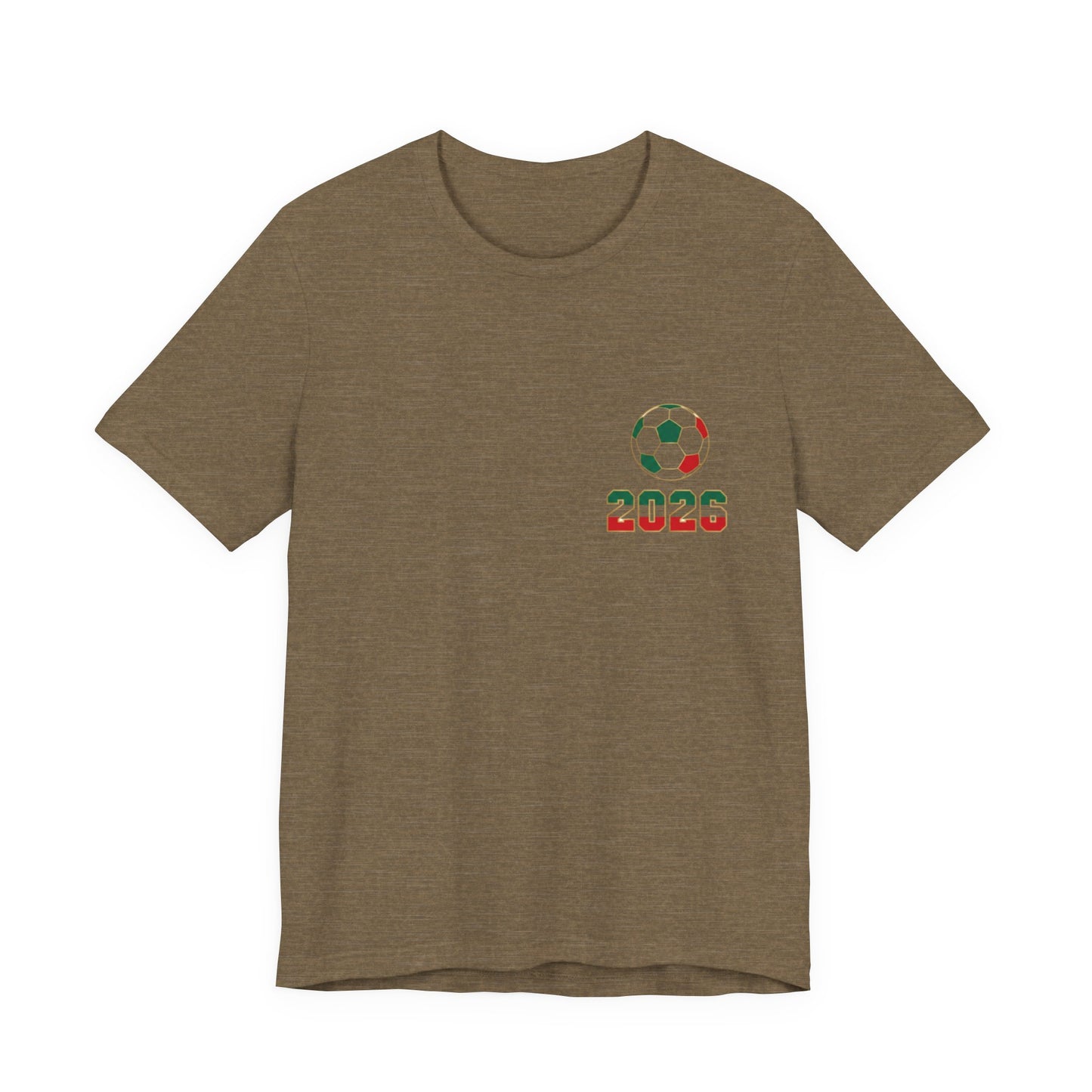 Heather olive El Tri soccer tee flat lay, front view with left chest logo
