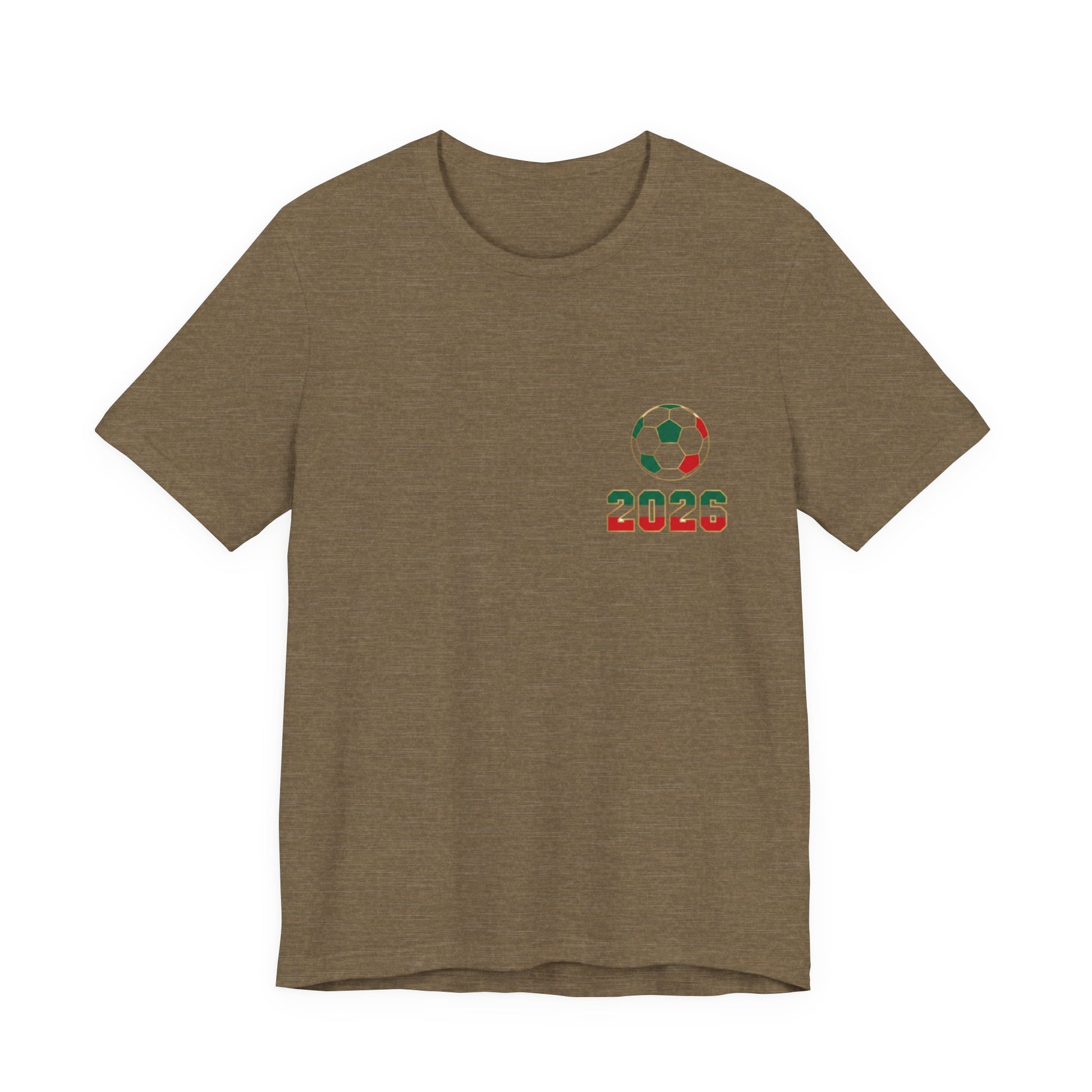 Heather olive El Tri soccer tee flat lay, front view with left chest logo
