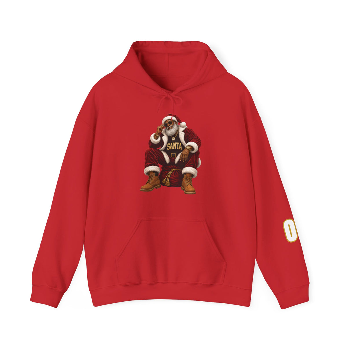 Red front: Red pullover hoodie featuring a seated Santa graphic with OG Santa lettering.