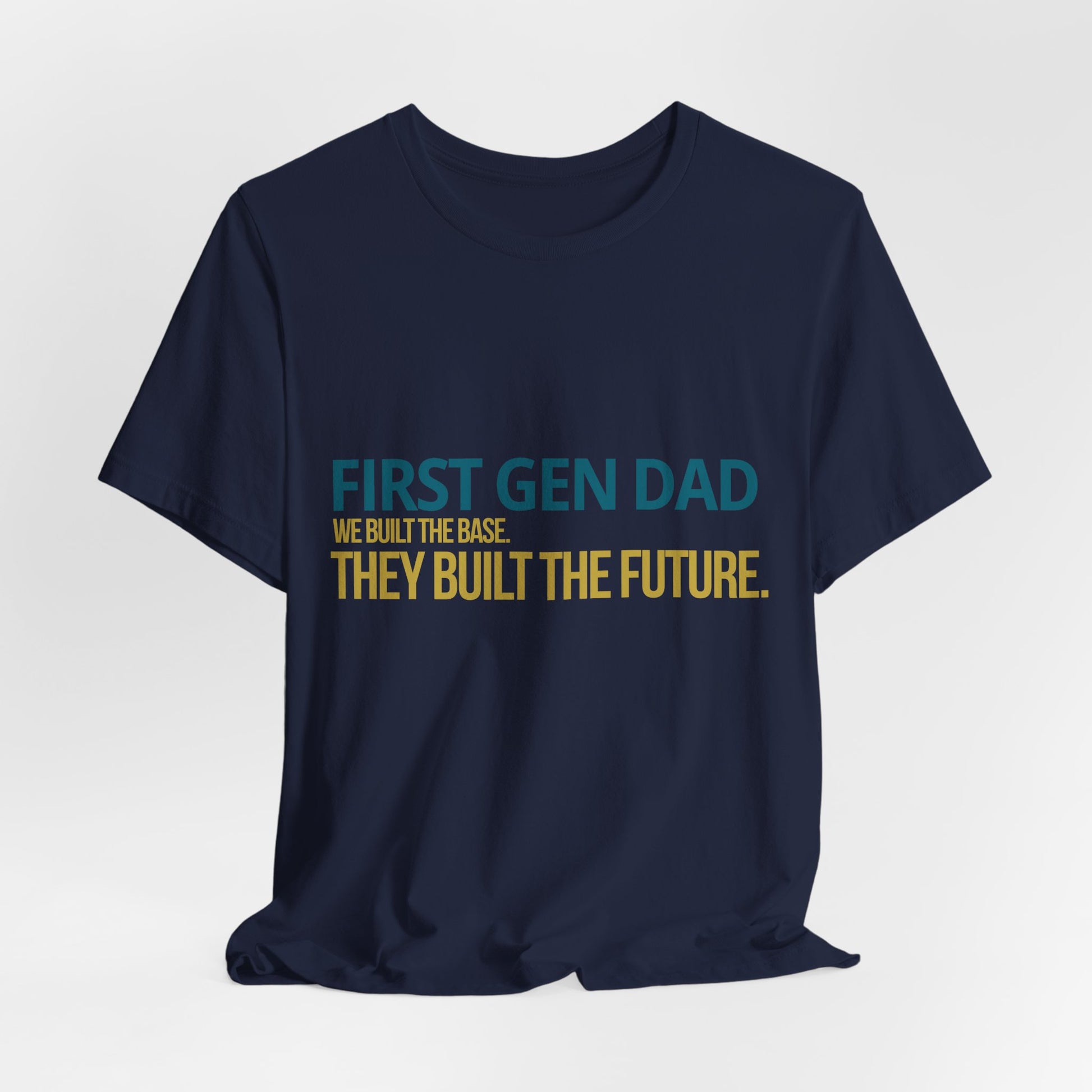 First Gen Dad graduation tee detail shot showing teal and gold typography — unisex relaxed fit streetwear tee — Leela's Ink