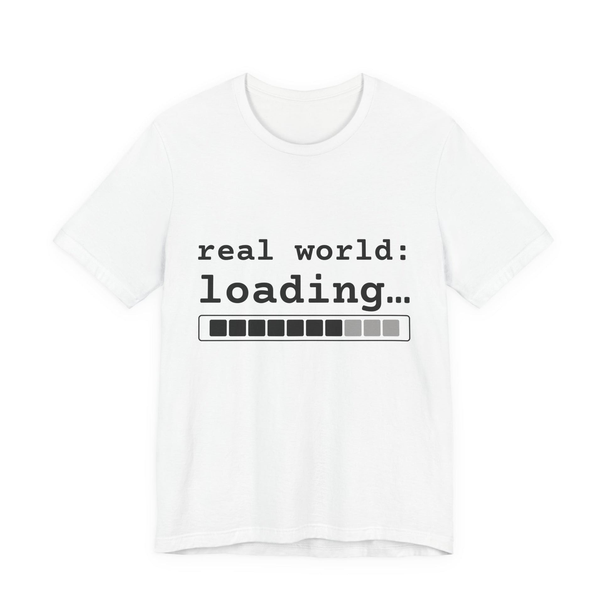 White real world loading progress bar graphic tee flat lay — urban streetwear for graduation