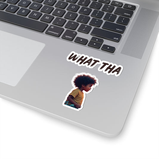 “What Tha” Kid Portrait Sticker — Kiss‑Cut Laptop Decal