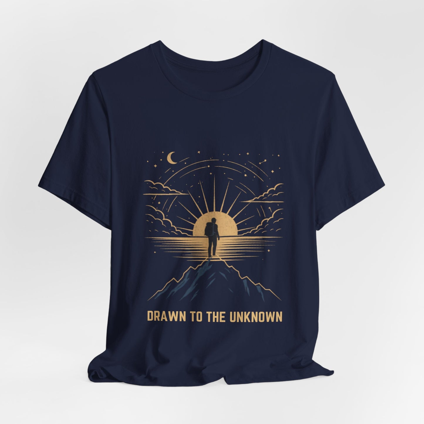 Drawn to the Unknown graphic tee hang tag drop shot — boho adventure celestial design — Leela's Ink

