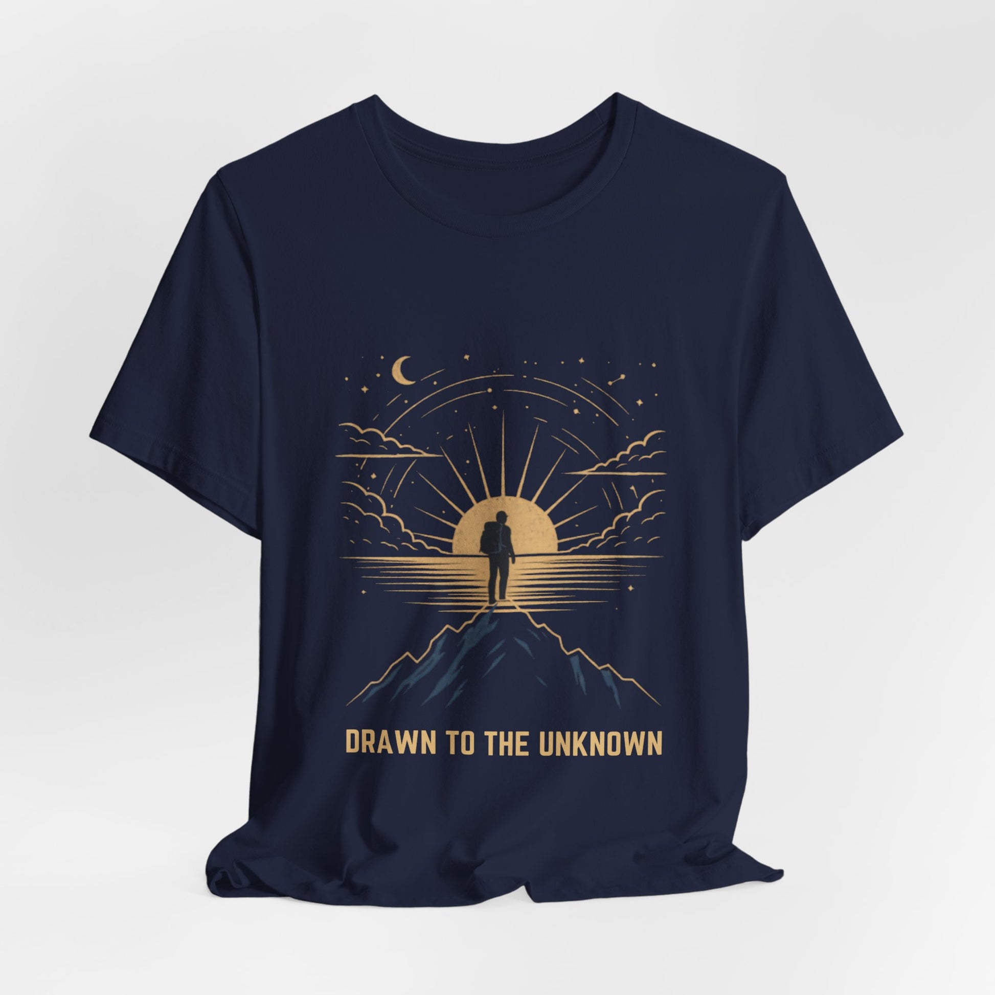 Drawn to the Unknown graphic tee hang tag drop shot — boho adventure celestial design — Leela's Ink

