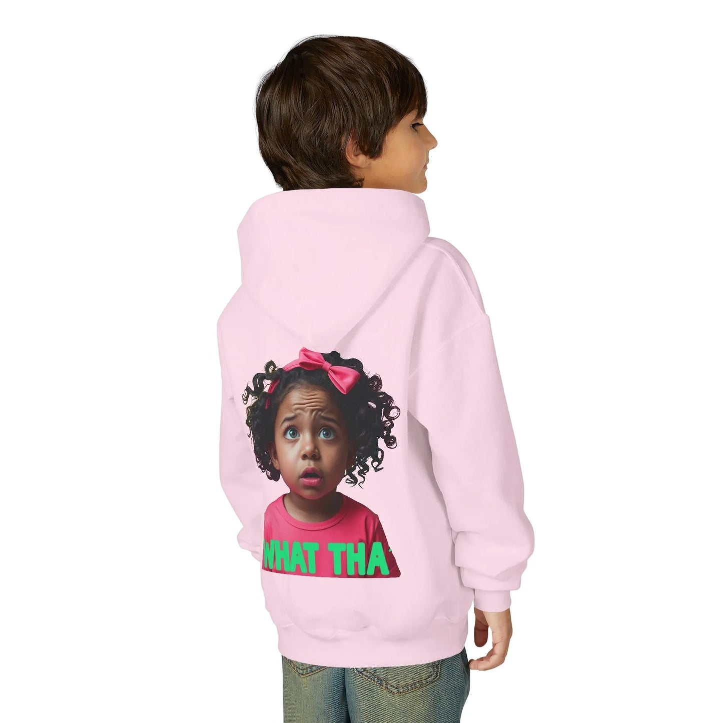Youth Hoodie — "What Tha" Funny Kid Expression Graphic Pullover Printify