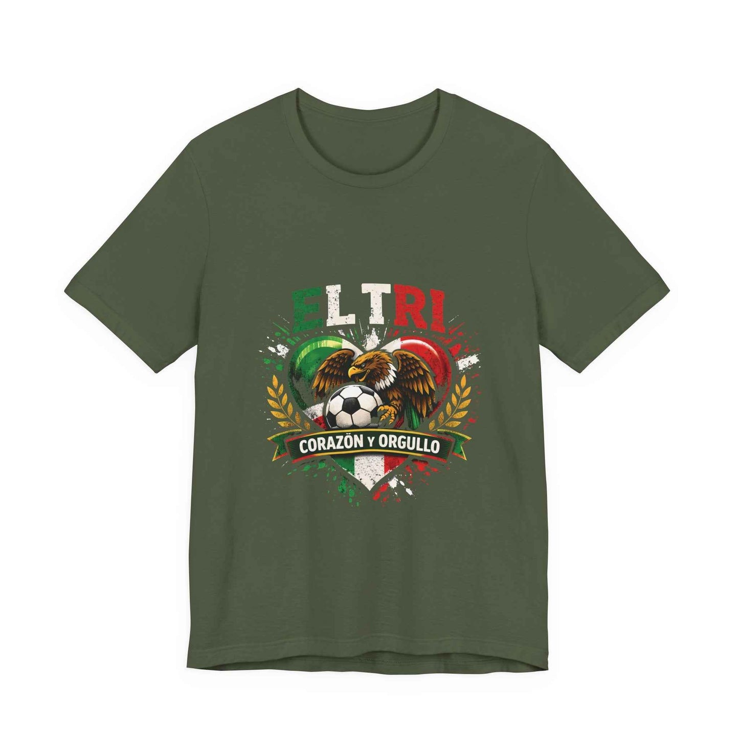 Military green El Tri Corazón y Orgullo tee flat lay, front view
