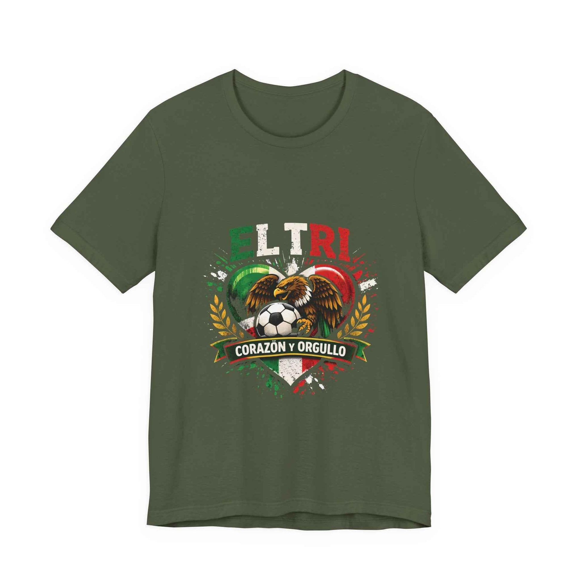 Military green El Tri Corazón y Orgullo tee flat lay, front view
