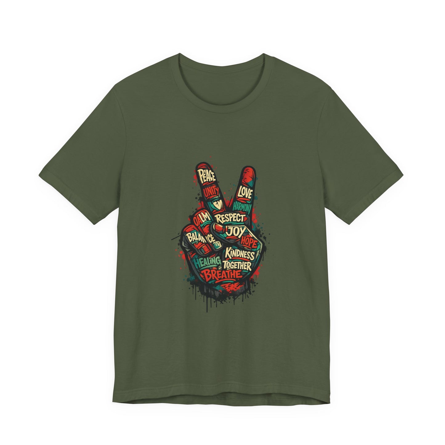 Adult Peace Sign graphic t-shirt flat lay showing bold hand graphic with positive words
