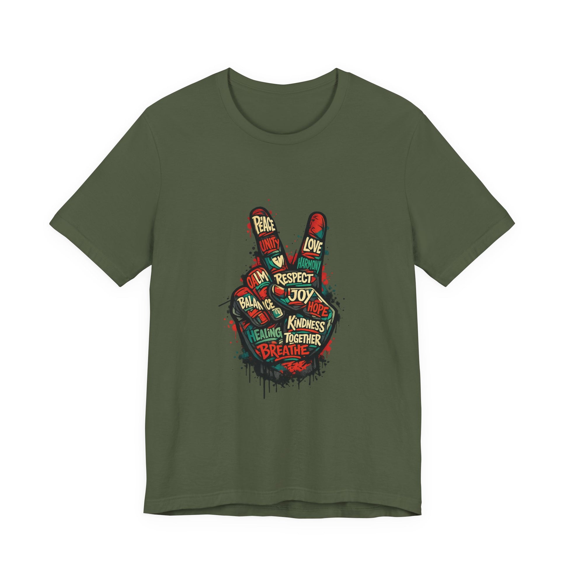 Adult Peace Sign graphic t-shirt flat lay showing bold hand graphic with positive words
