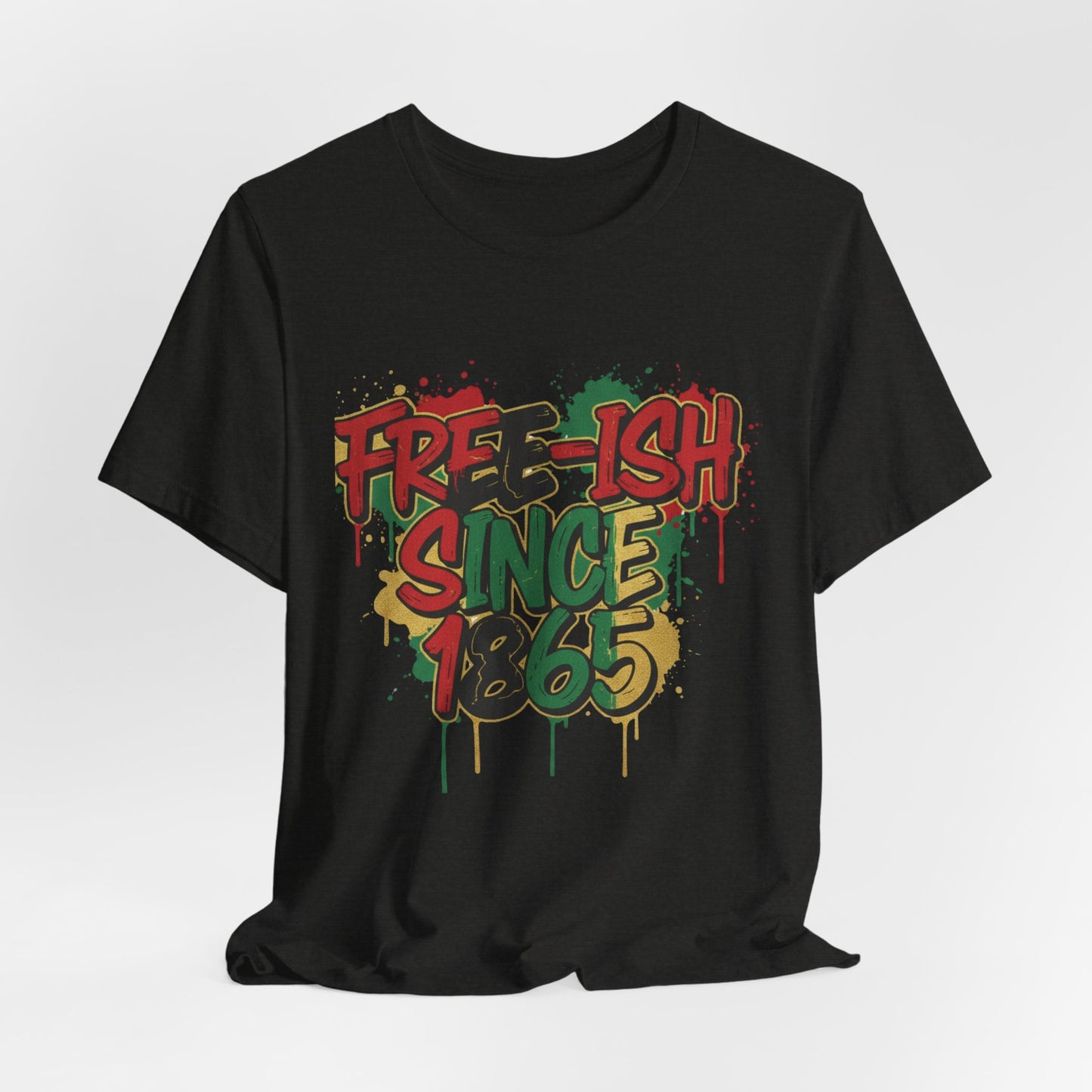 Free-ish Since 1865 Juneteenth Tee – relaxed unisex fit drape shot showing how the graffiti graphic tee falls on the body

