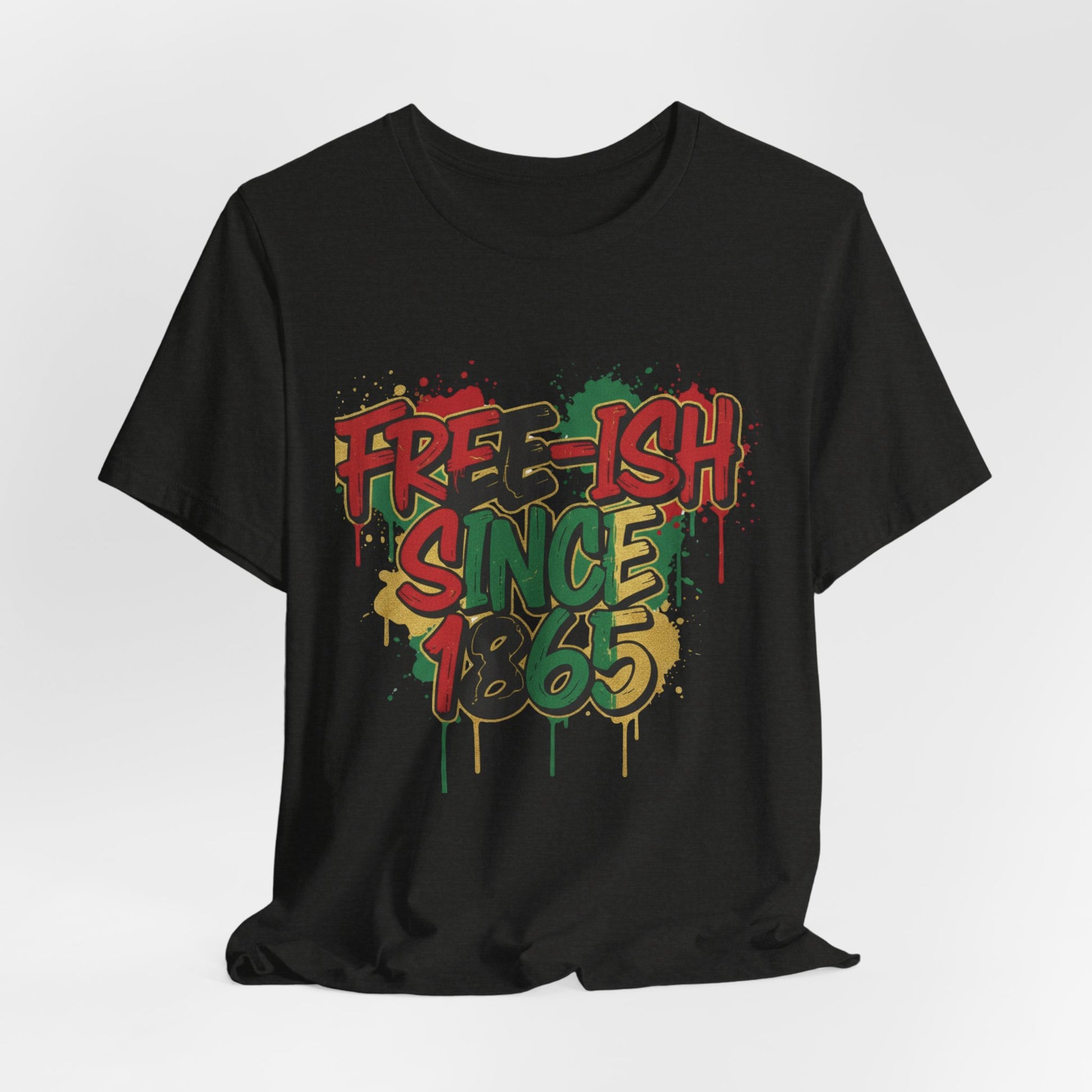 Free-ish Since 1865 Juneteenth Tee – relaxed unisex fit drape shot showing how the graffiti graphic tee falls on the body

