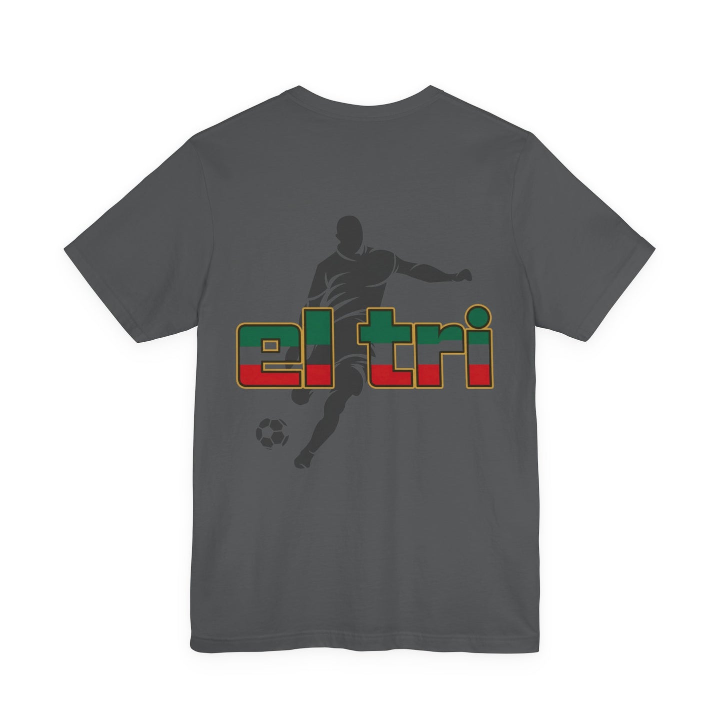 Charcoal El Tri soccer tee flat lay, back view showing player silhouette and flag-colored eltri wordmark
