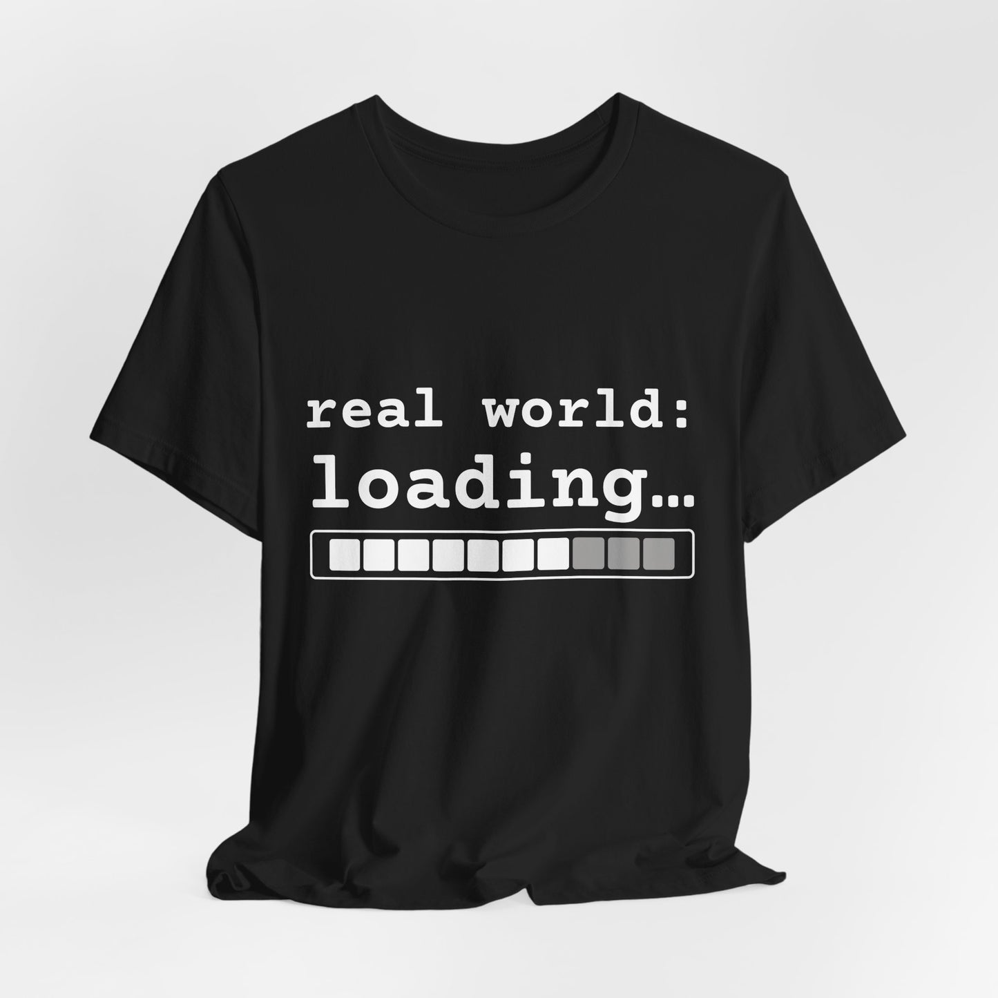 Black real world loading graphic tee — relaxed fit drape and drop detail streetwear graduation tee