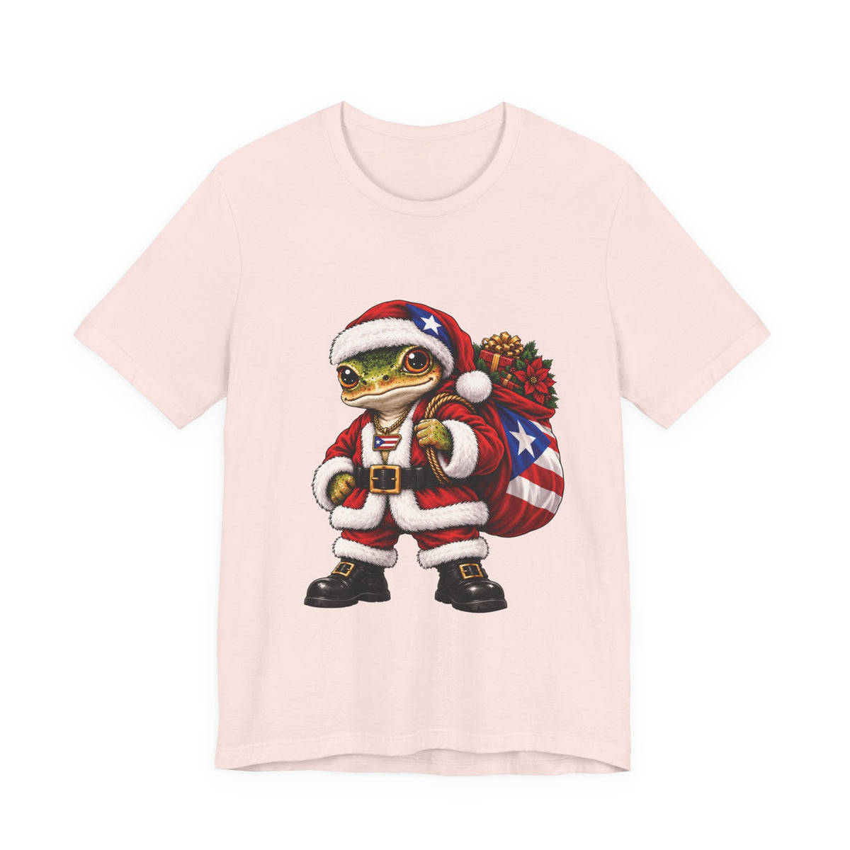 Light pink Puerto Rican coquí Santa Christmas t-shirt displayed flat.
