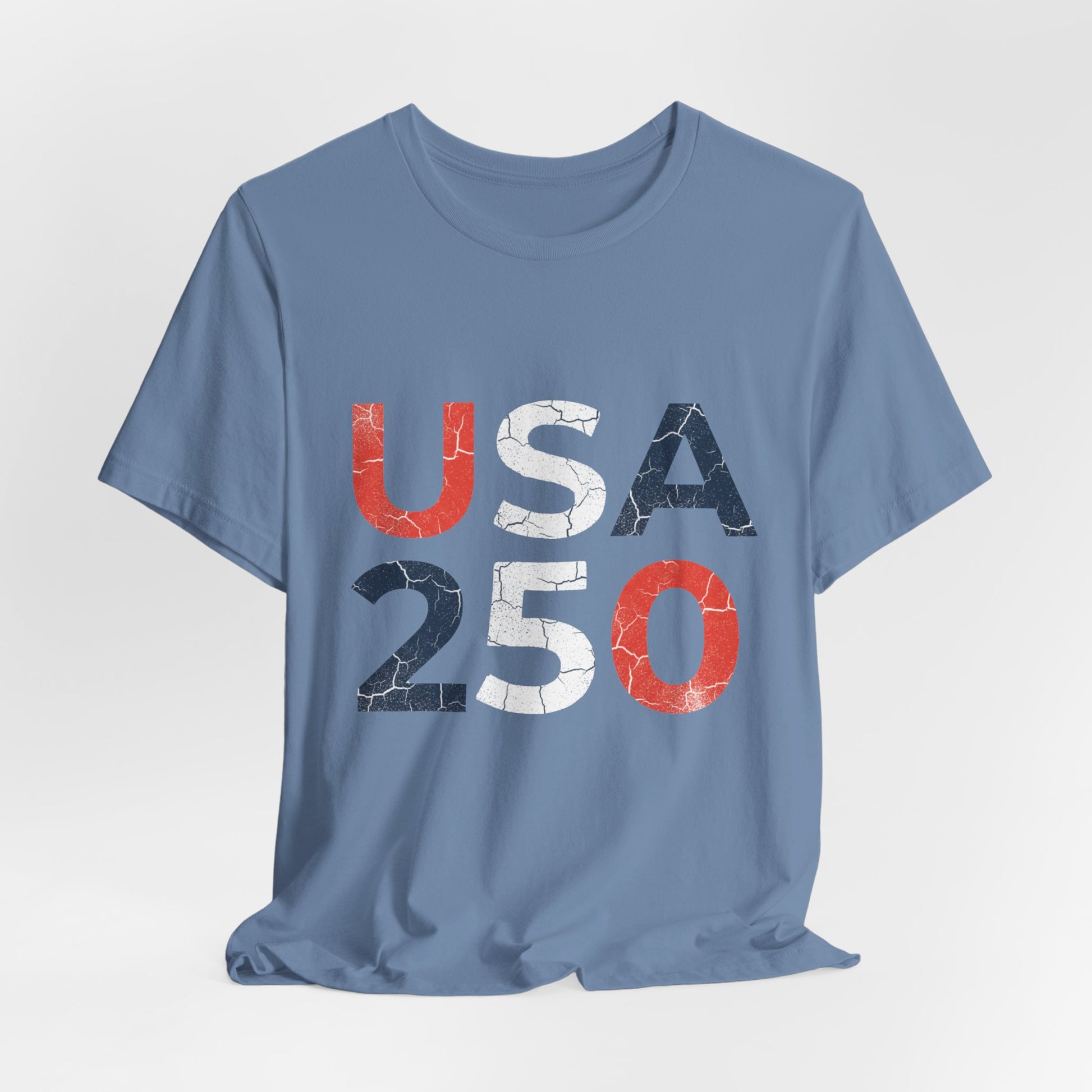 USA 250 Distressed Graphic Tee in Steel Blue – relaxed unisex fit drape shot showing how the patriotic America 250 tee falls on the body

