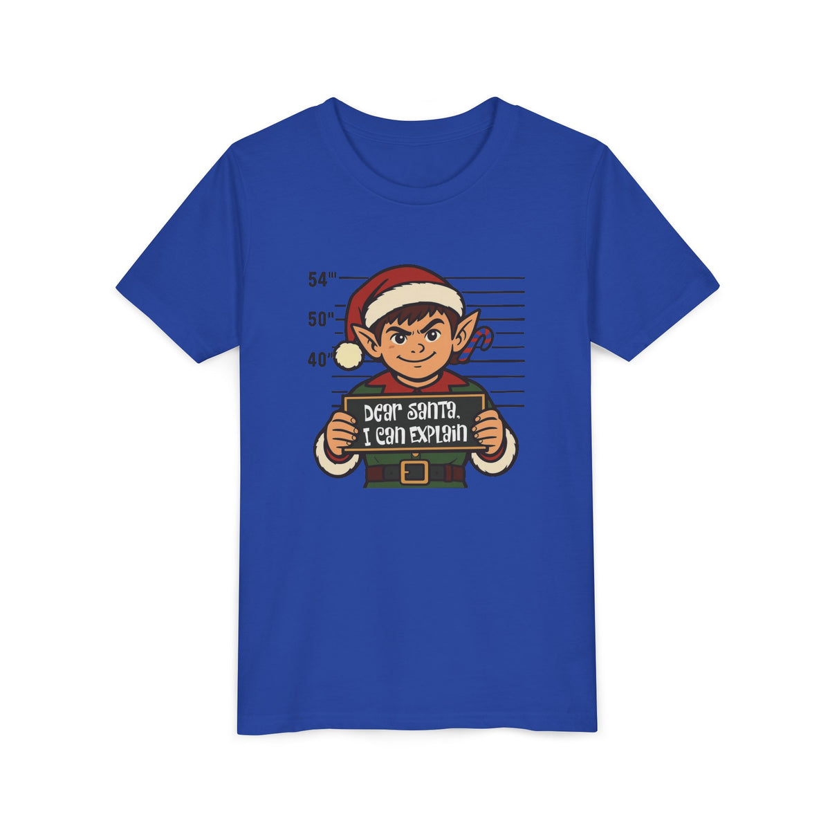 True Royal blue Dear Santa I Can Explain kids Christmas elf t-shirt, front view