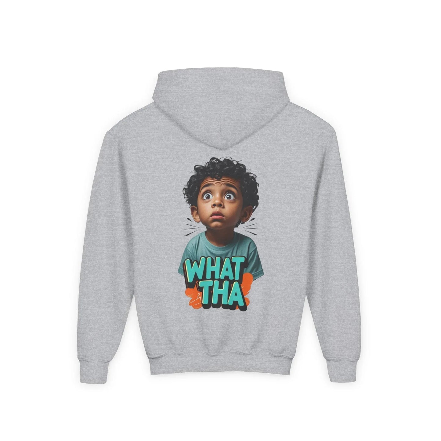 Youth Hoodie — Cute Kid Illustration "What Tha" Graphic Sweatshirt Printify