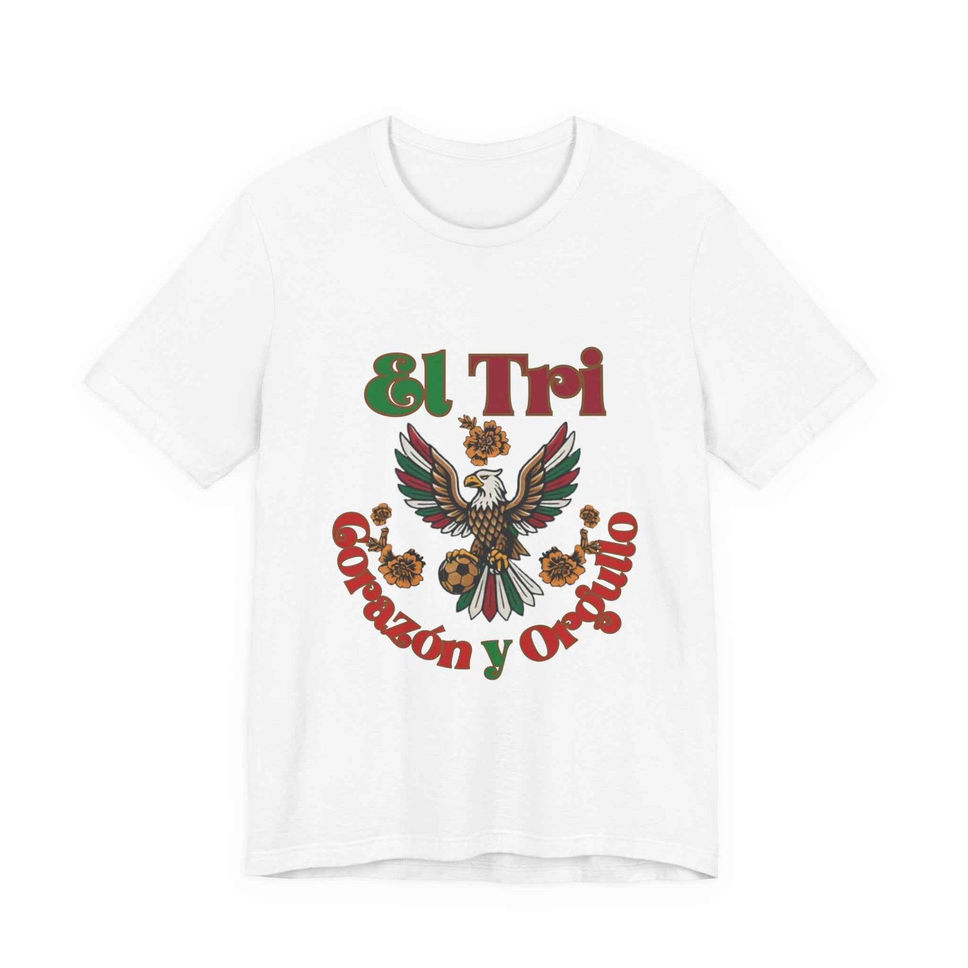 White El Tri Corazón y Orgullo tee flat lay, front view
