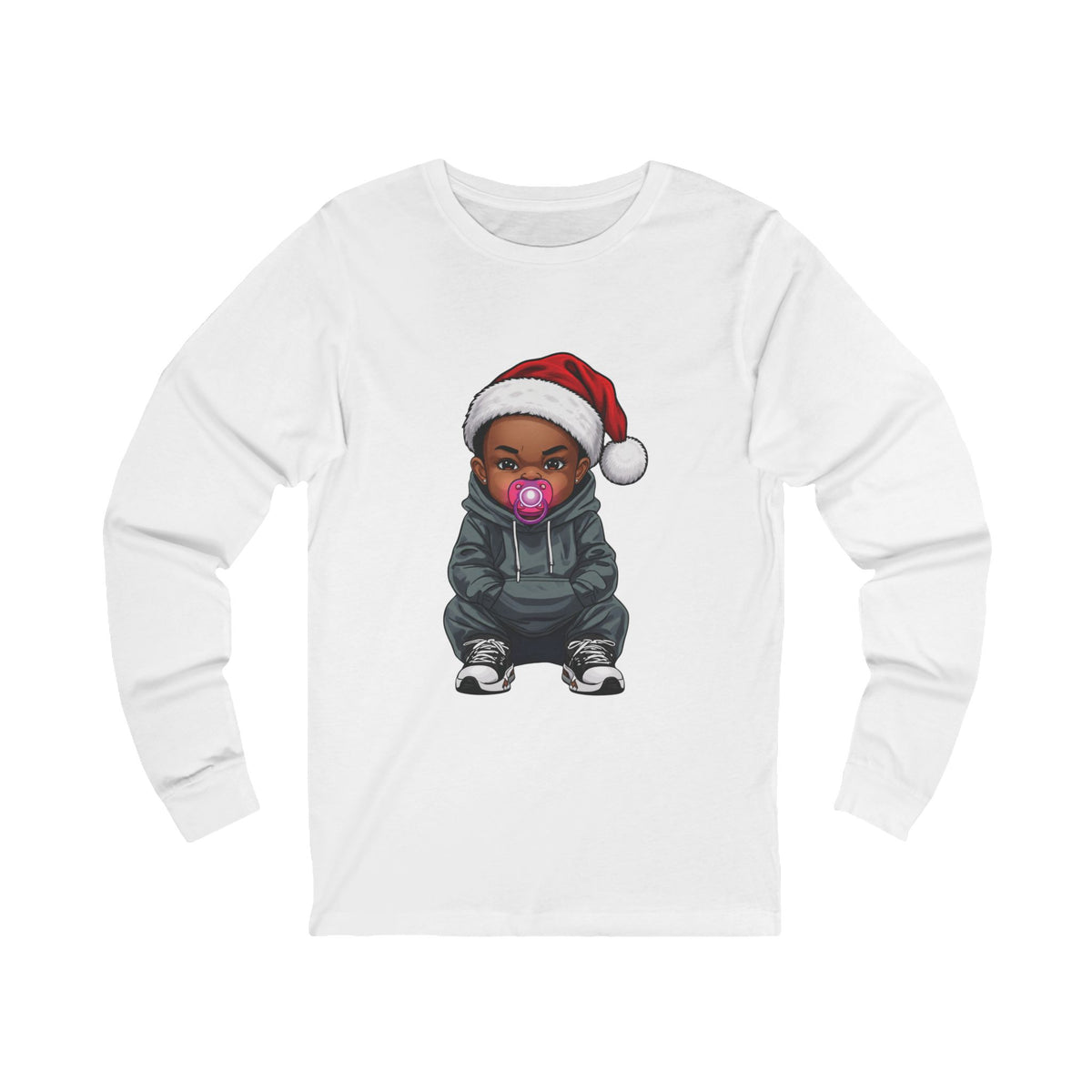 Front view of a white Uzi Baby Christmas long-sleeve t-shirt with the Uzi Baby character in a Santa hat