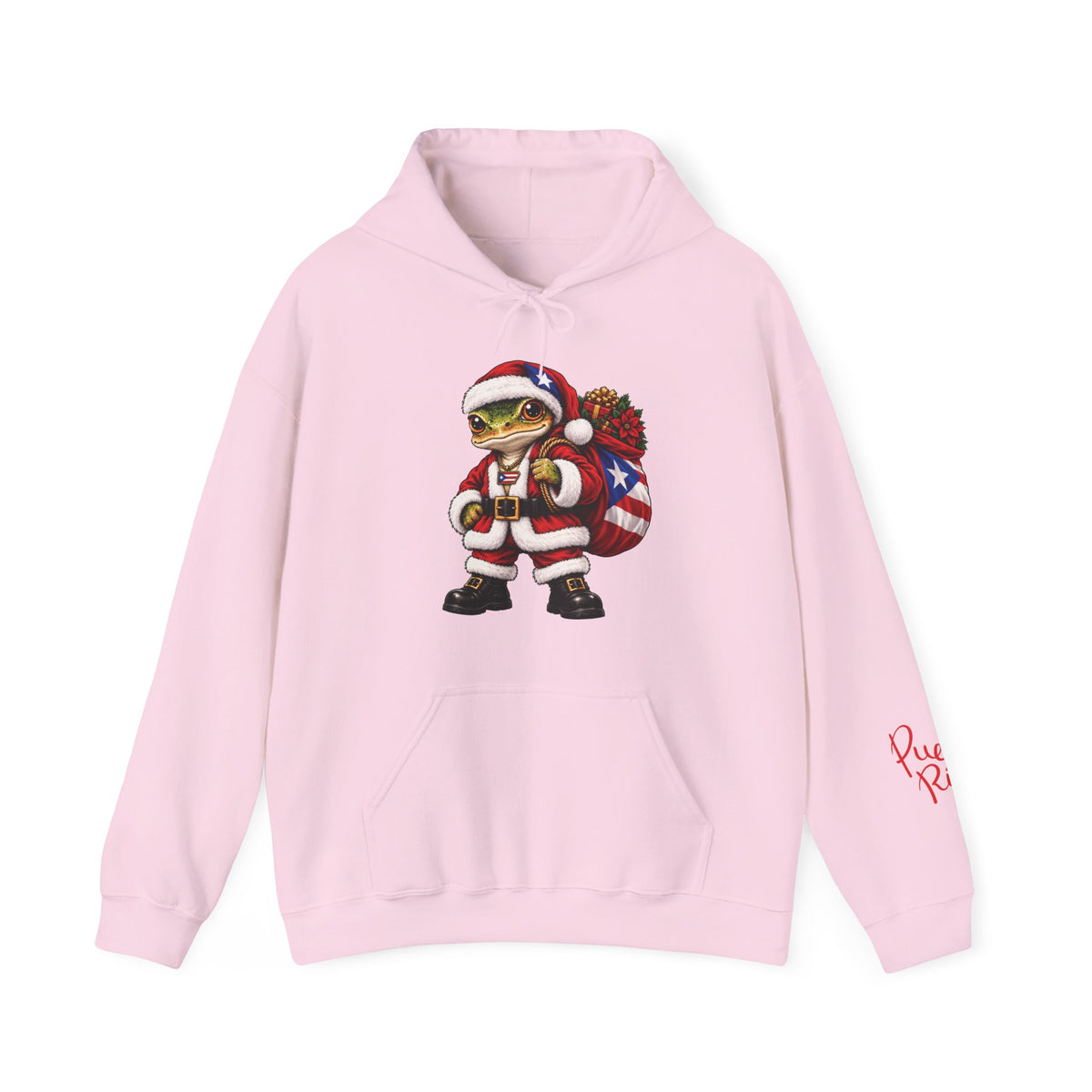 Light pink Puerto Rican coquí Santa hoodie shown from the front.