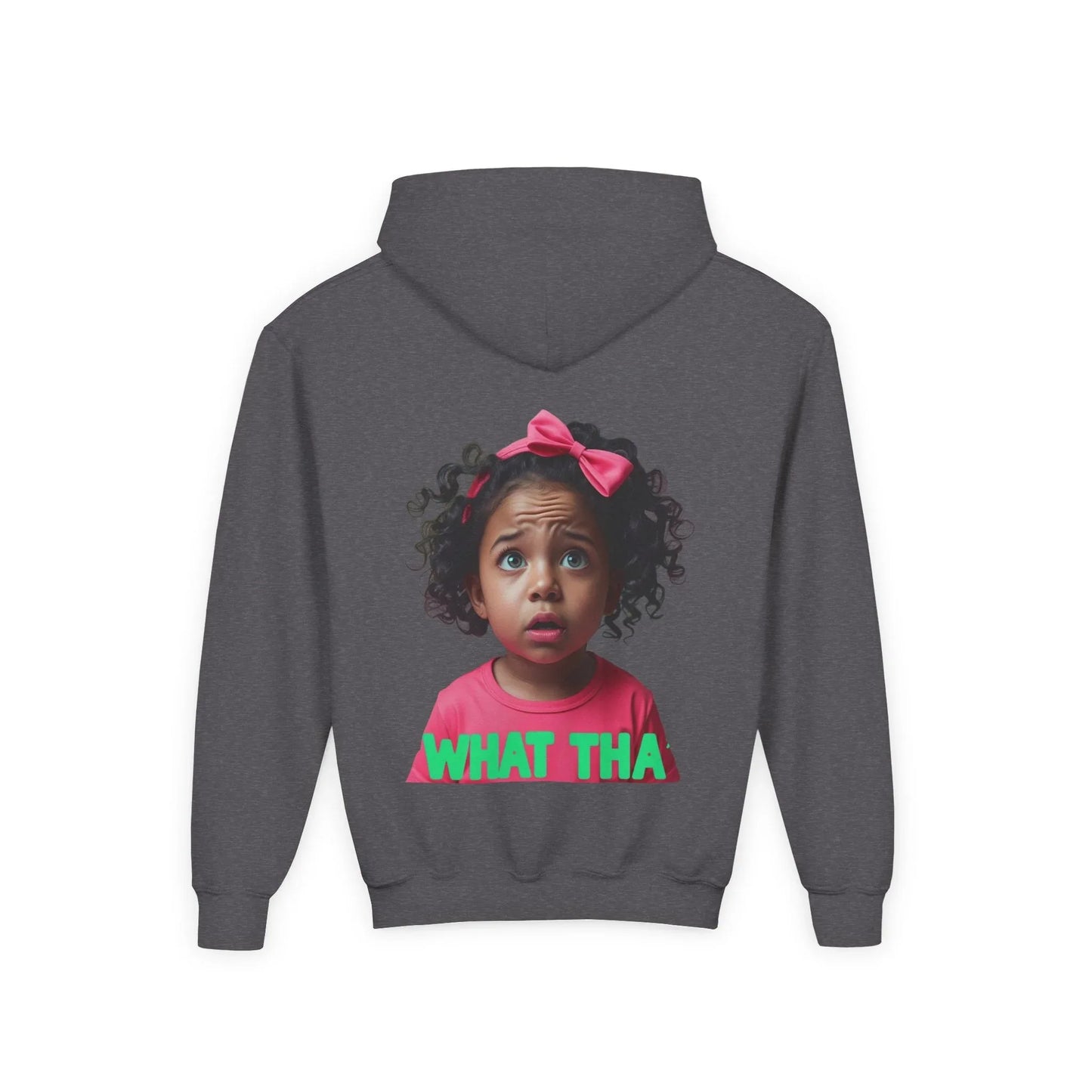 Youth Hoodie — "What Tha" Funny Kid Expression Graphic Pullover Printify