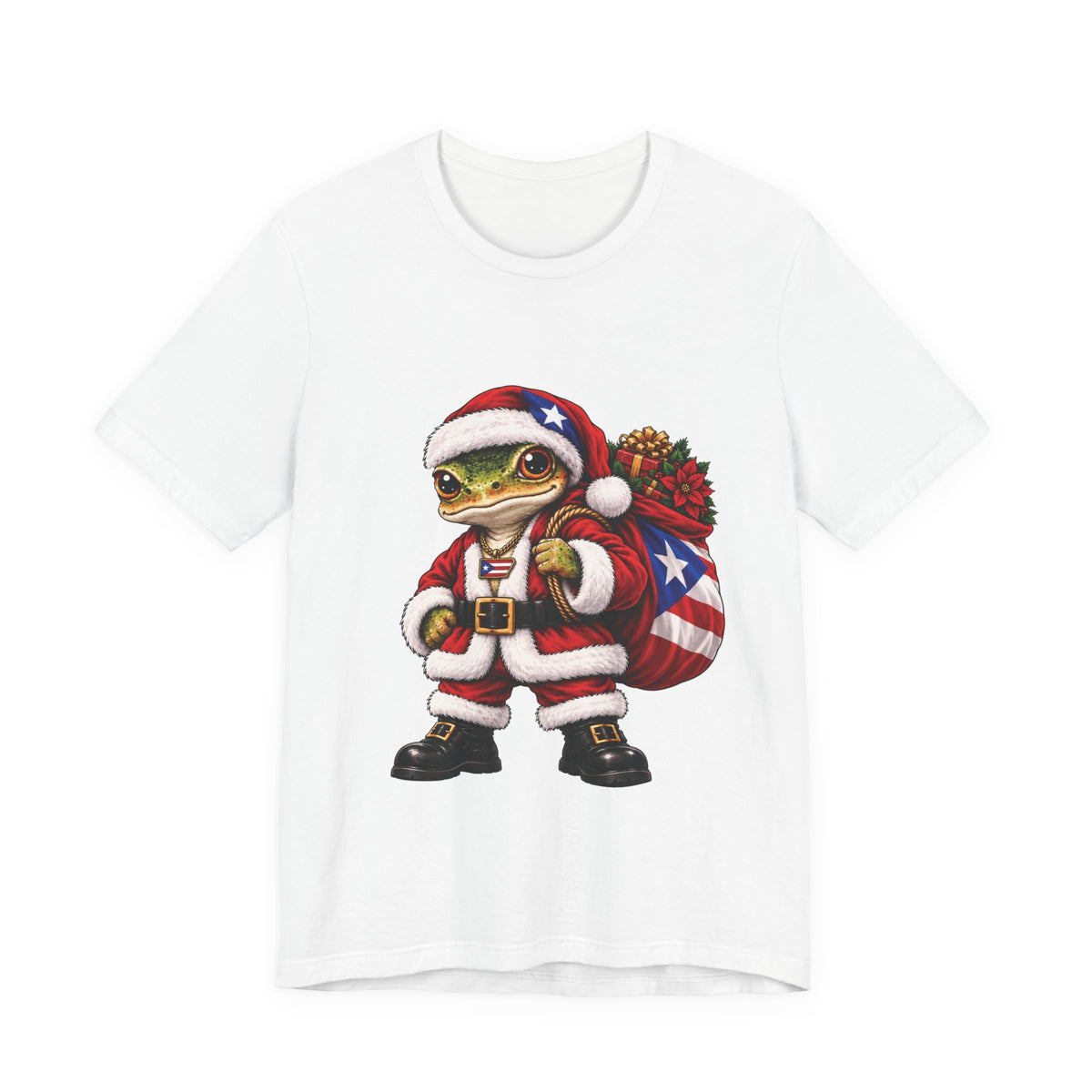 White Puerto Rican coquí Santa Christmas t-shirt displayed flat.