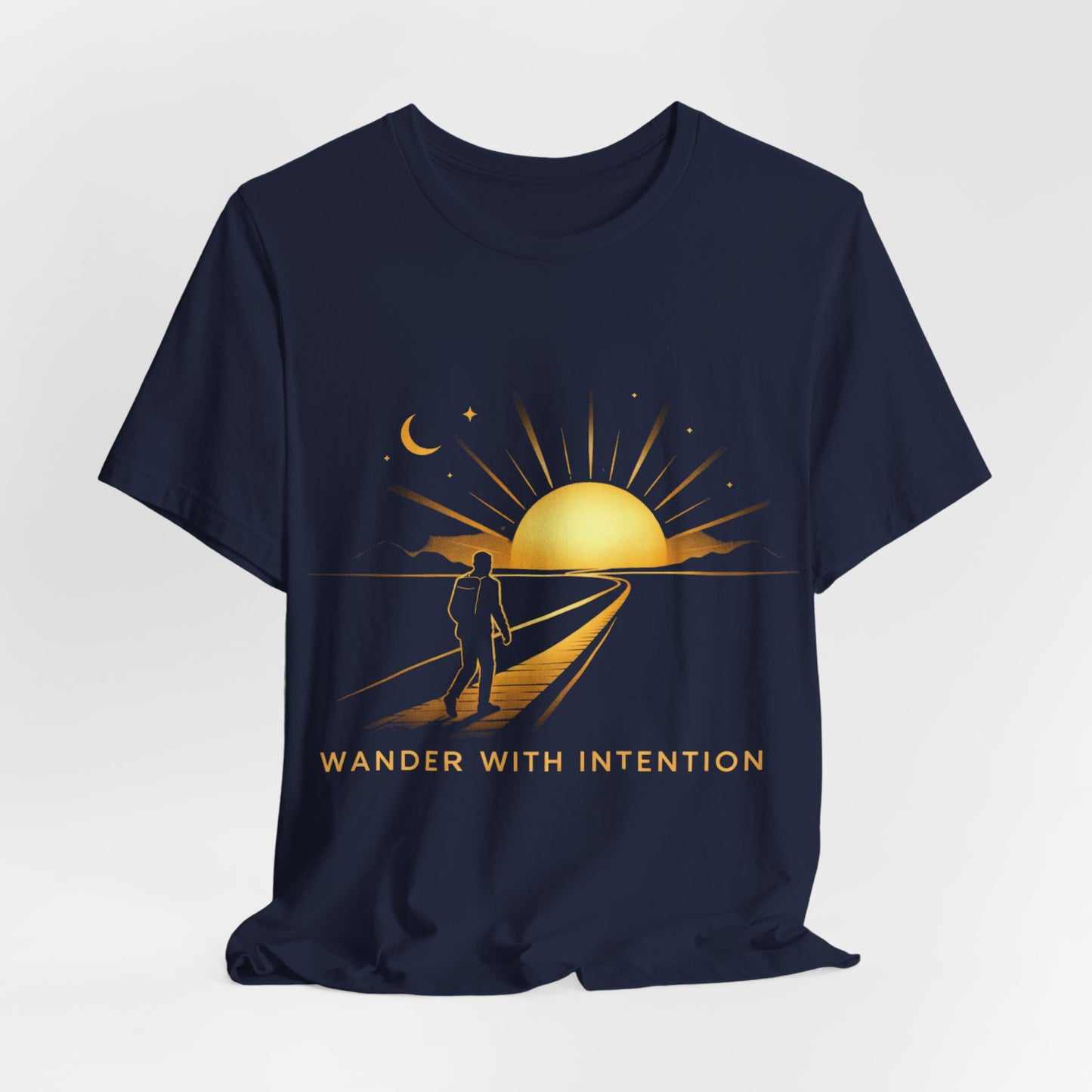 Navy Wander With Intention tee flat lay, alternate angled view
