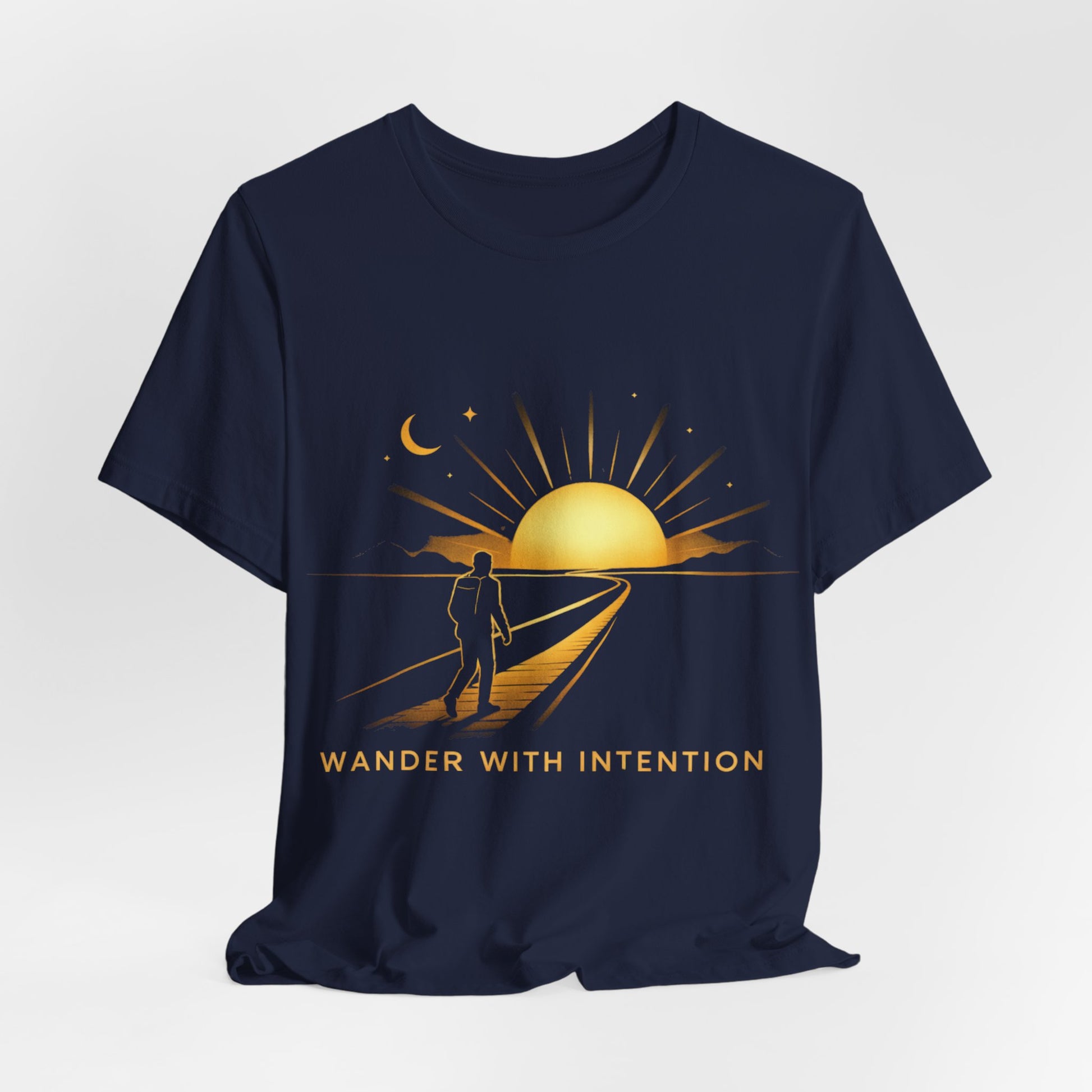 Navy Wander With Intention tee flat lay, alternate angled view
