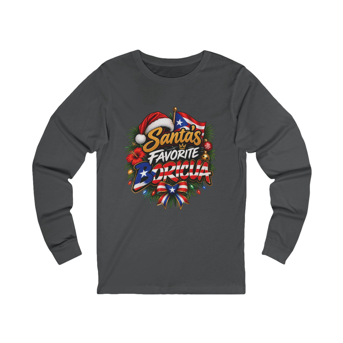 Dark gray Santa’s Favorite Boricua Christmas long-sleeve shirt with colorful holiday artwork and Puerto Rican flag details.
