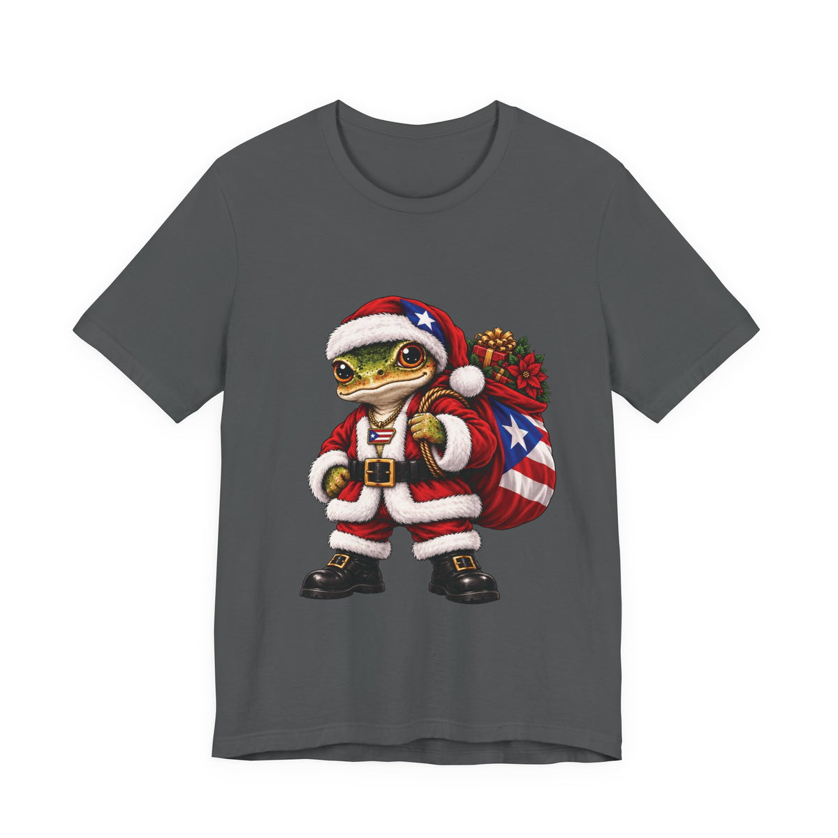 Charcoal Puerto Rican coquí Santa Christmas t-shirt displayed flat.