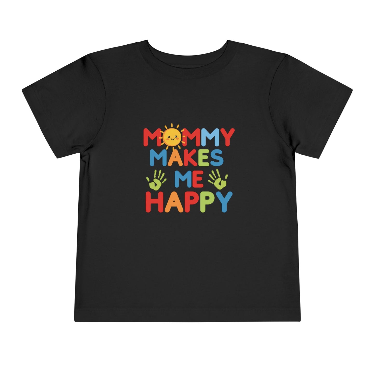 Flat lay of black toddler tee with Mommy Makes Me Happy colorful rainbow graphic
